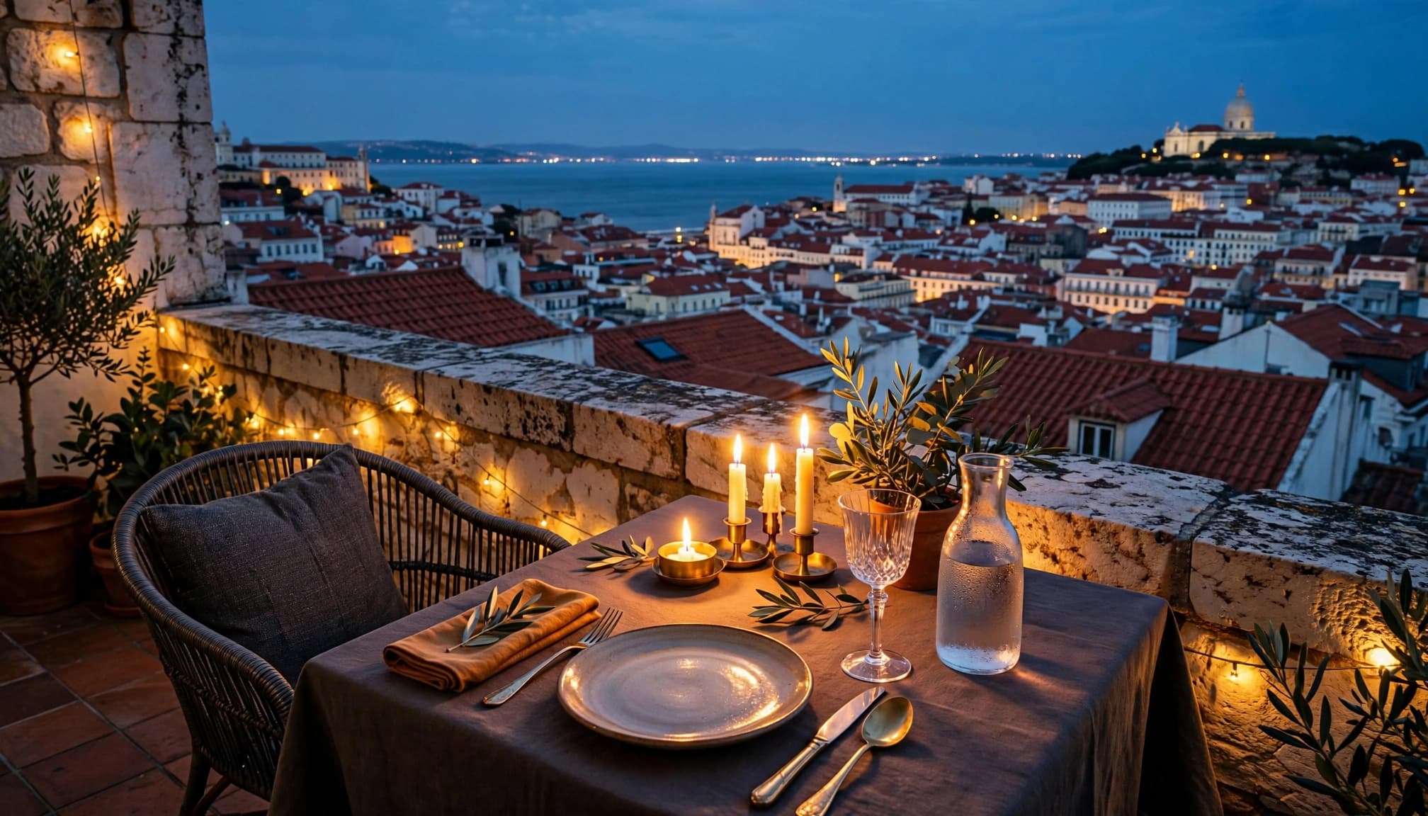 A candlelit rooftop table overlooks Lisbon rooftops and the distant river at blue hour.