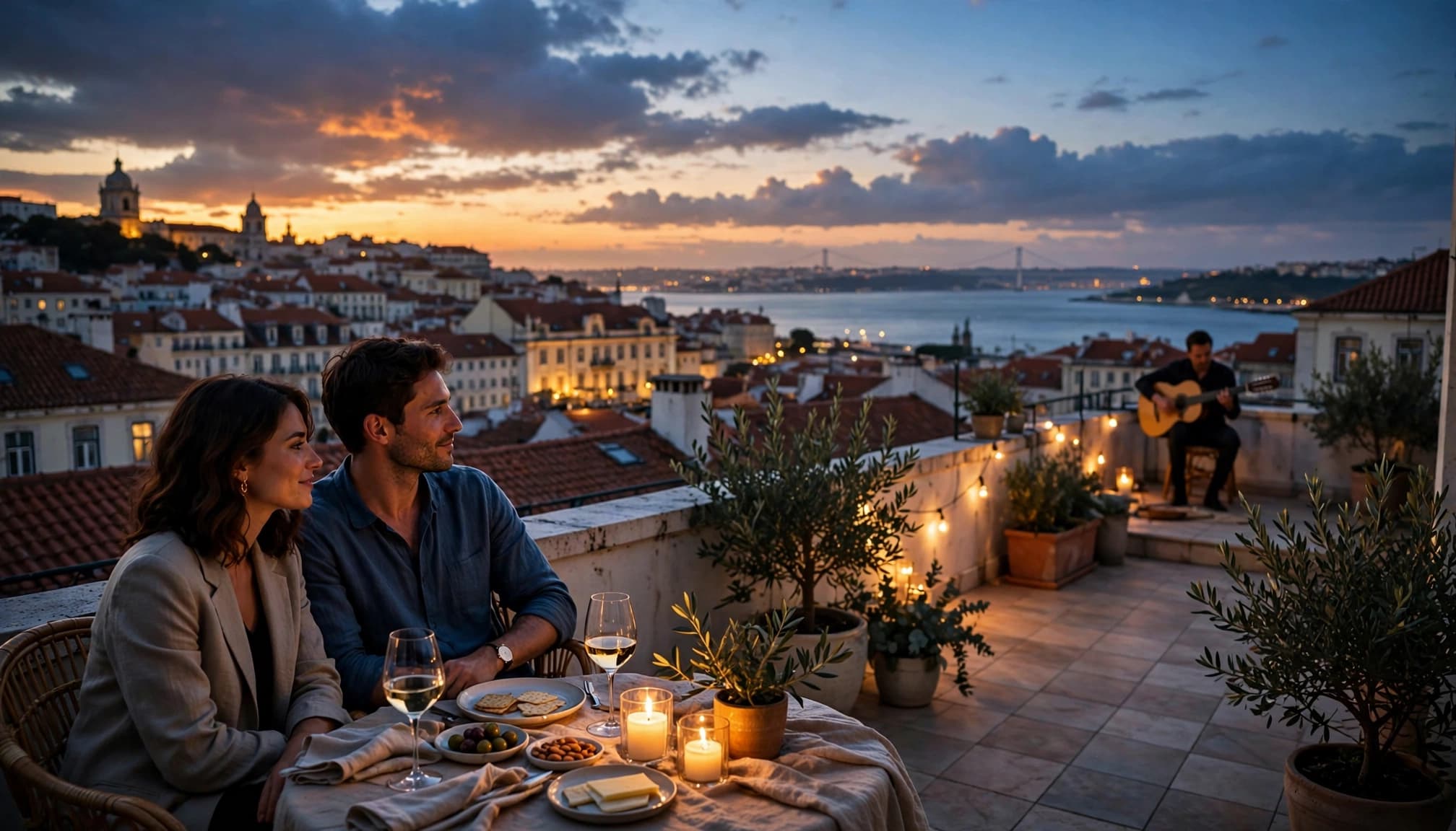 A couple shares dinner by candlelight as a guitarist plays above Lisbon rooftops.