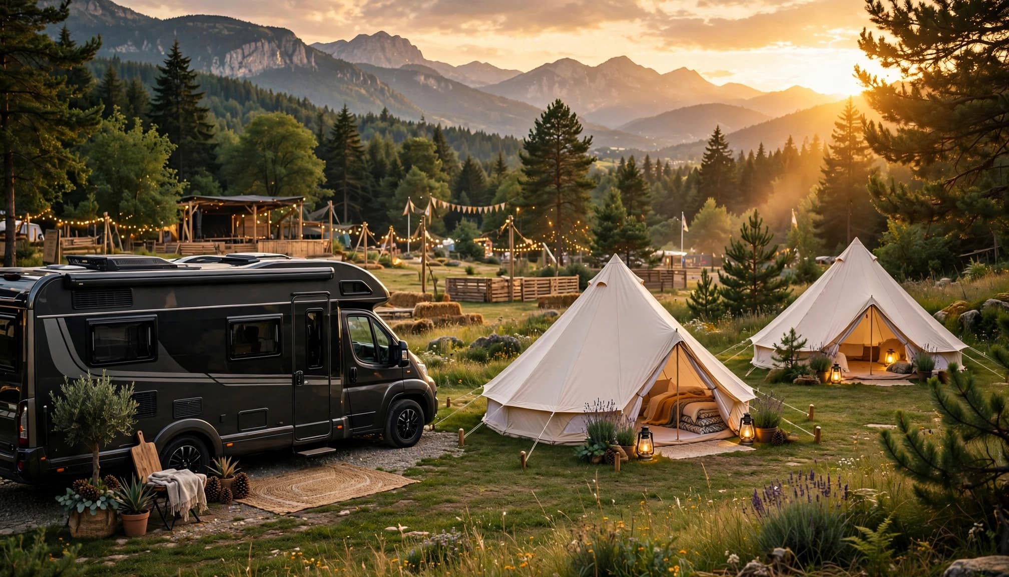 A luxury campervan and two tents sit at a mountain festival campground at sunset.