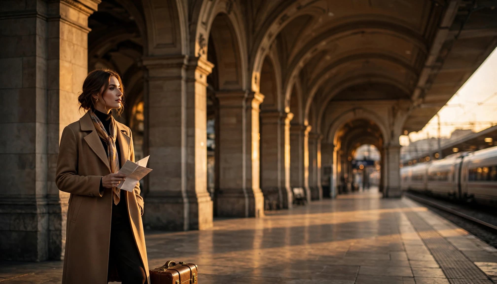 Traveler with a leather suitcase beside a grand European station and distant train.