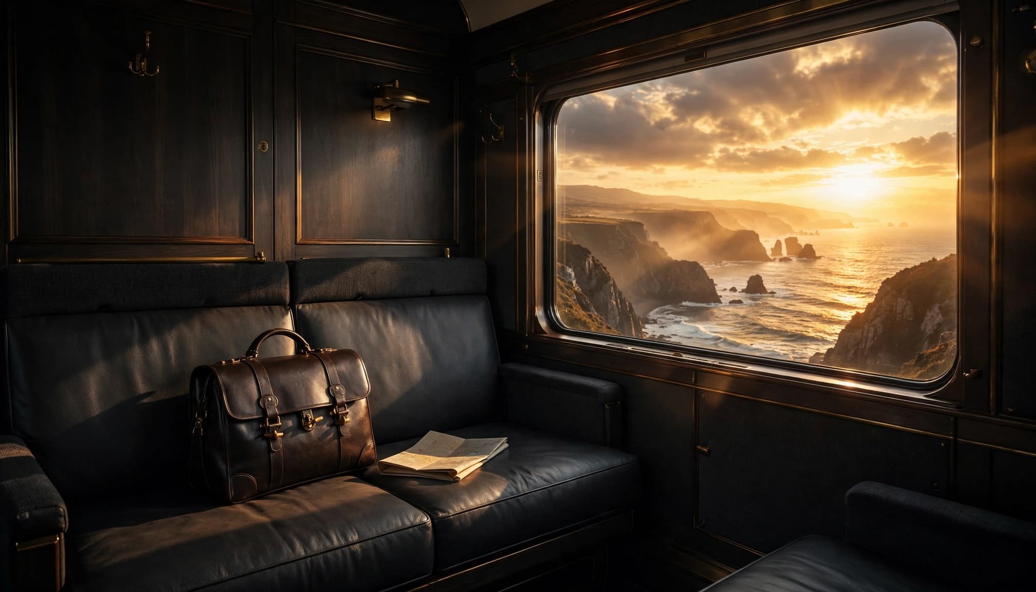 An empty luxury train carriage with a bag, folded map, and sunset coast through one window.