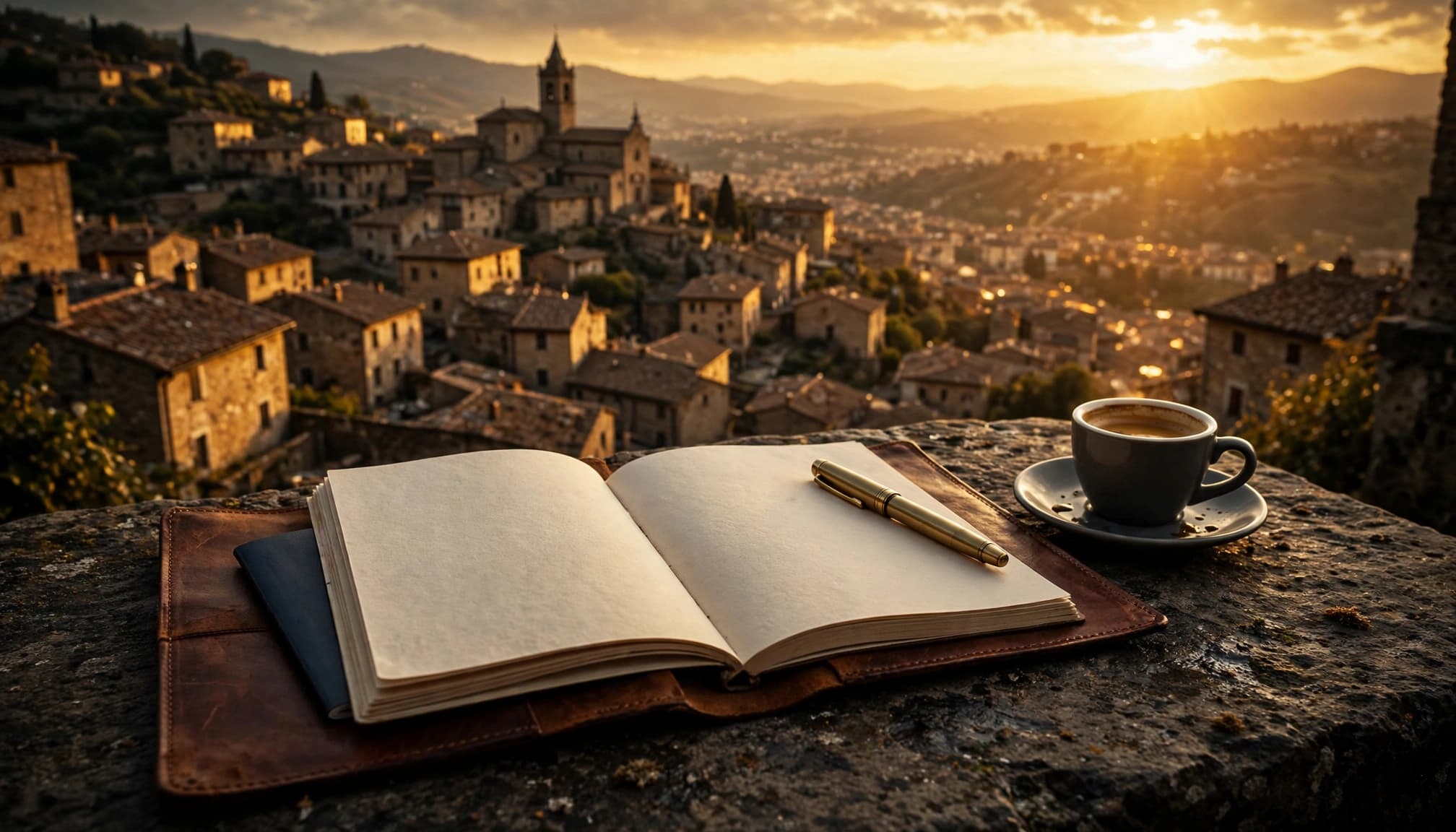 Travel folio, passport, pen, and coffee overlooking a European old town.