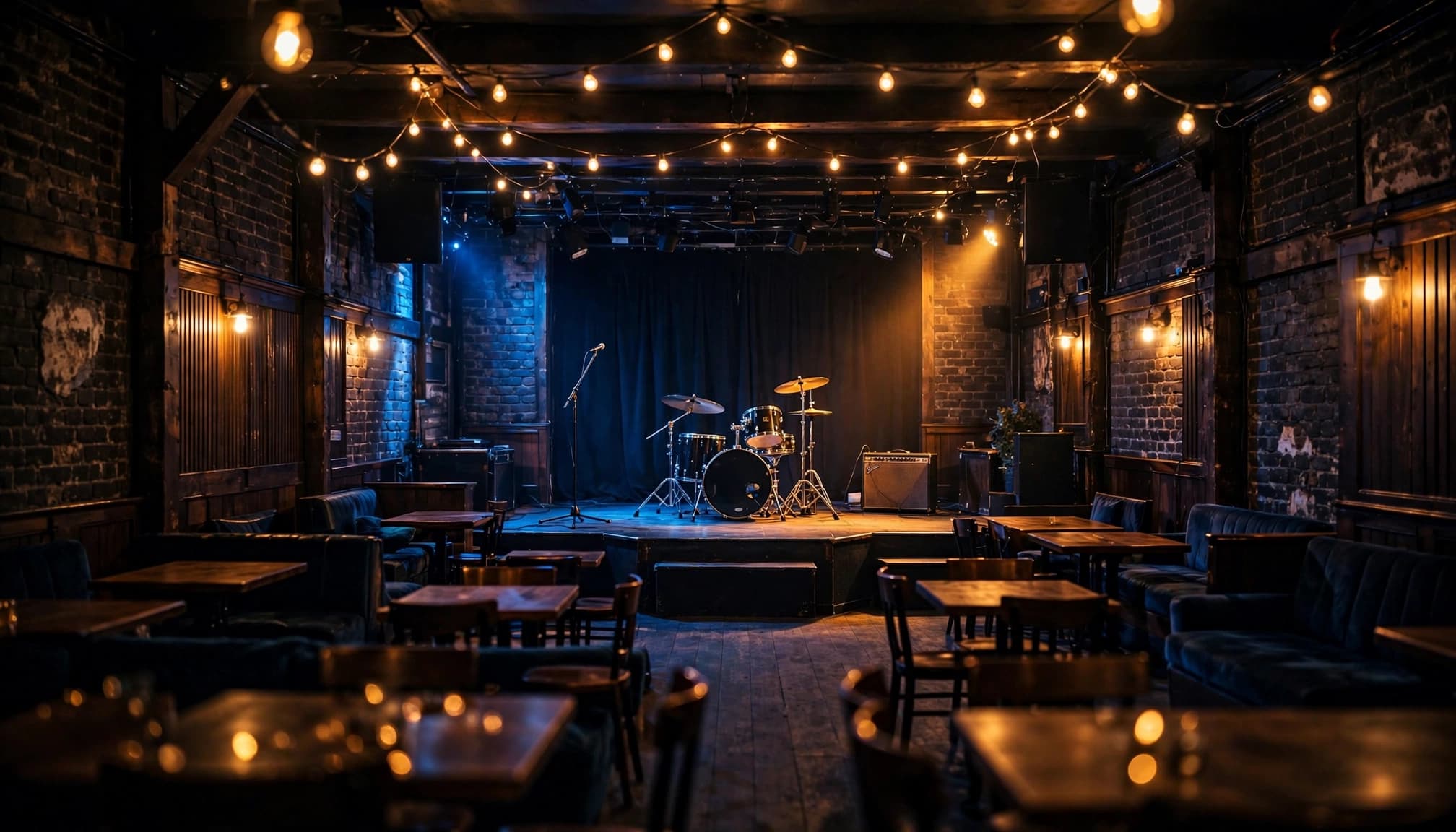 Empty stage with drums, microphone stand, and amplifier in a warmly lit Manchester music venue.