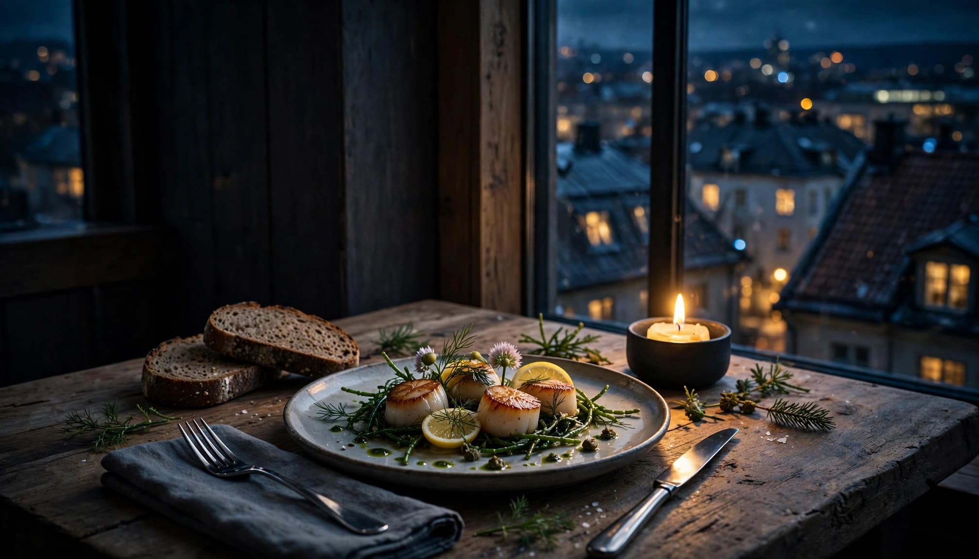 A Nordic seafood dinner beside a candlelit window overlooking Oslo rooftops.
