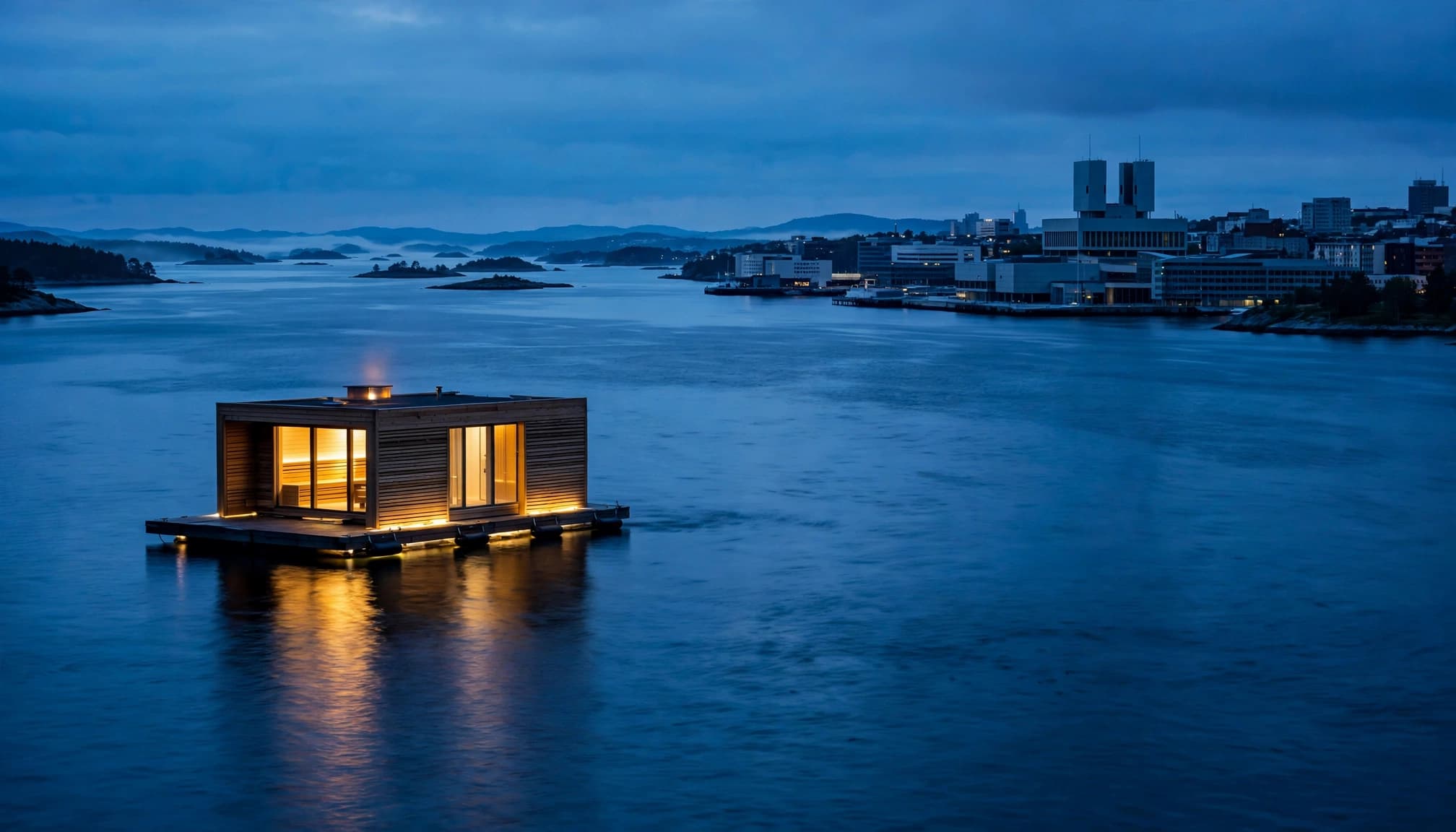 A glowing floating sauna sits on calm water beneath Oslo's blue-hour skyline.