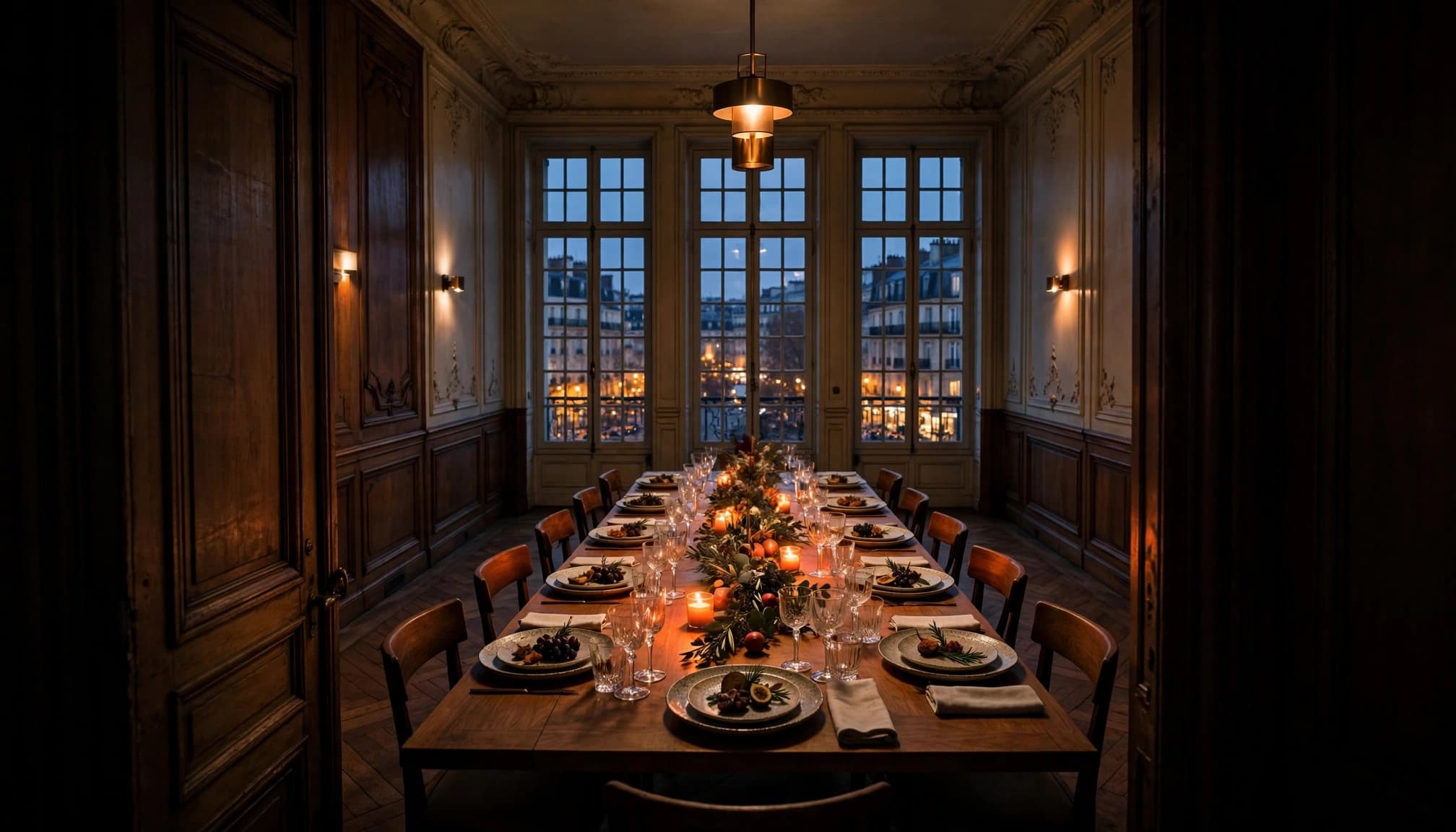 A private Paris dining room with one table set for eight beside tall windows.