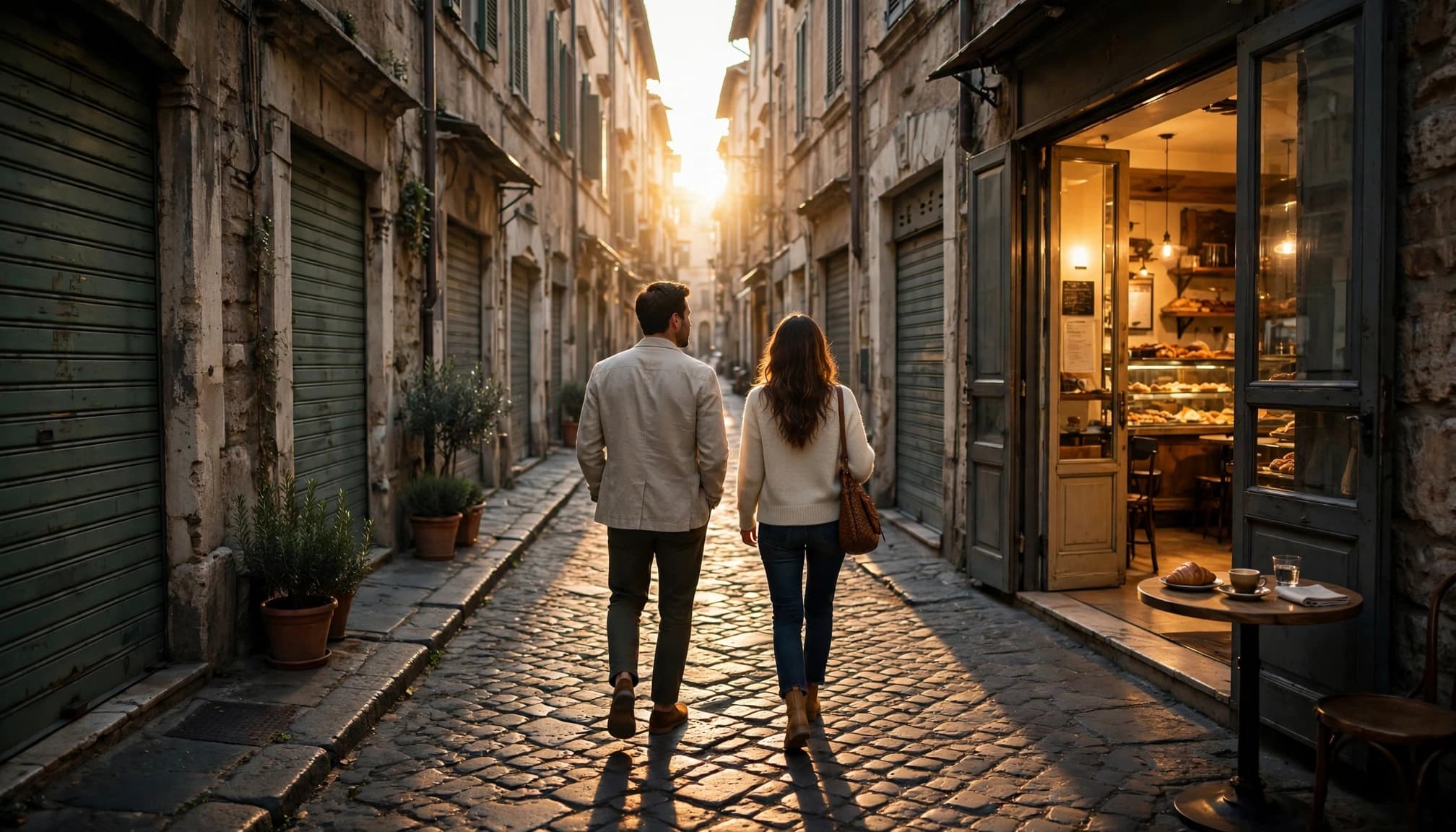 A couple walks toward a warmly lit cafe on a quiet Roman street.