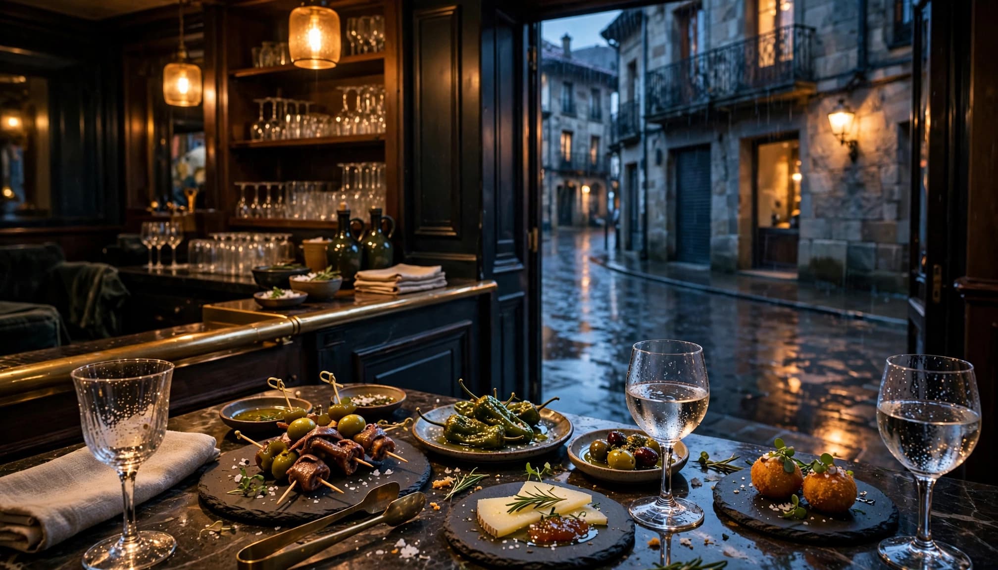 Pintxos and wine glasses in a warm bar beside a rainy old town street.