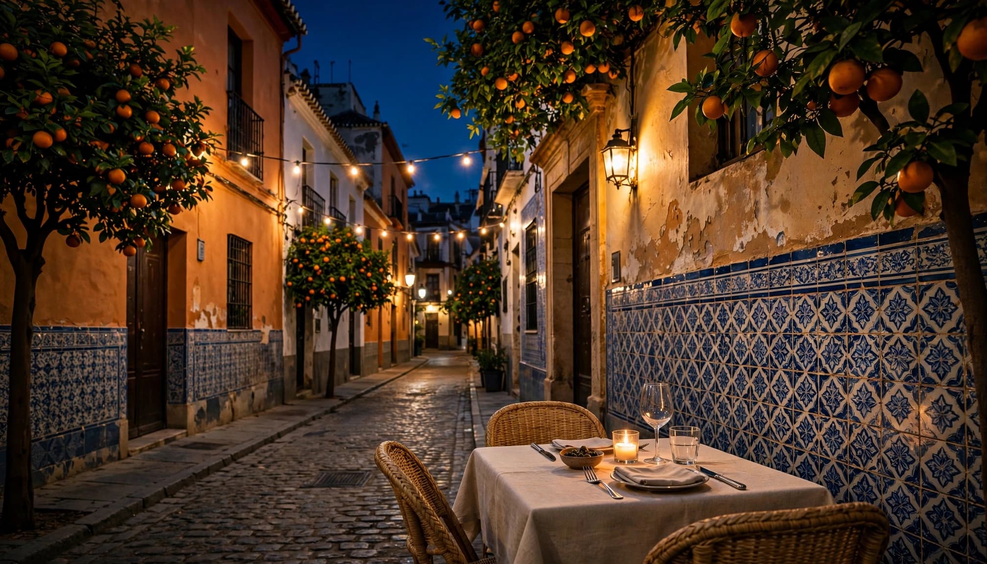 An empty dinner table glows on a Seville terrace beneath a deep blue night sky.