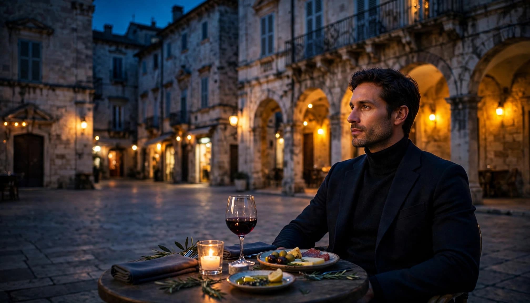 A man dining alone by candlelight on a European plaza at night.