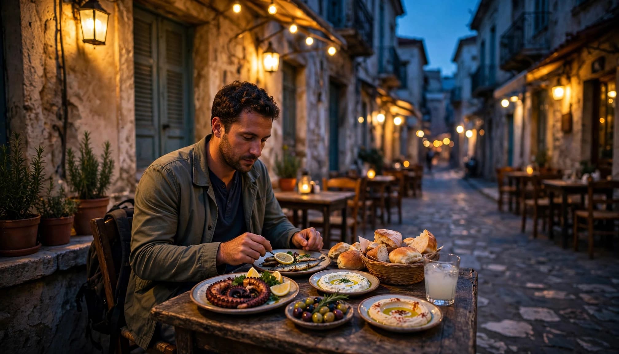 Diner sharing Greek small plates at a blue-hour table in Ladadika.