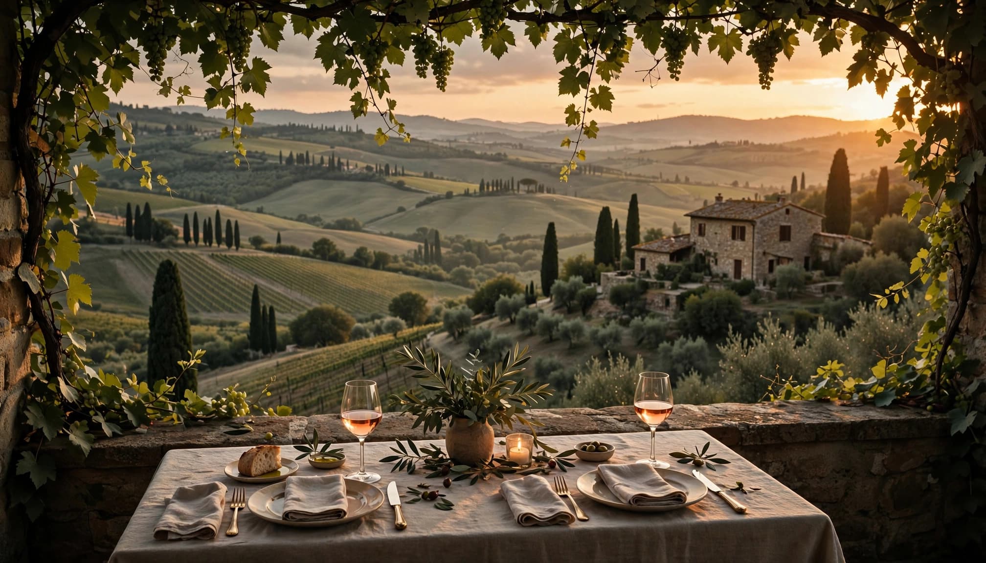 A candlelit table for two overlooks Tuscan vineyards at sunset.