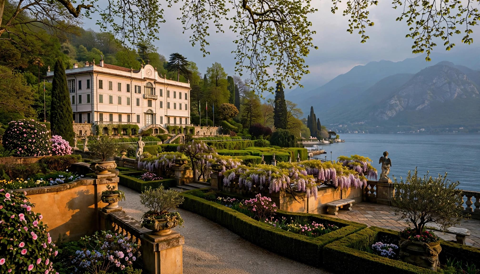 Garden paths lead toward Villa Carlotta, with Lake Como and mountains beyond.