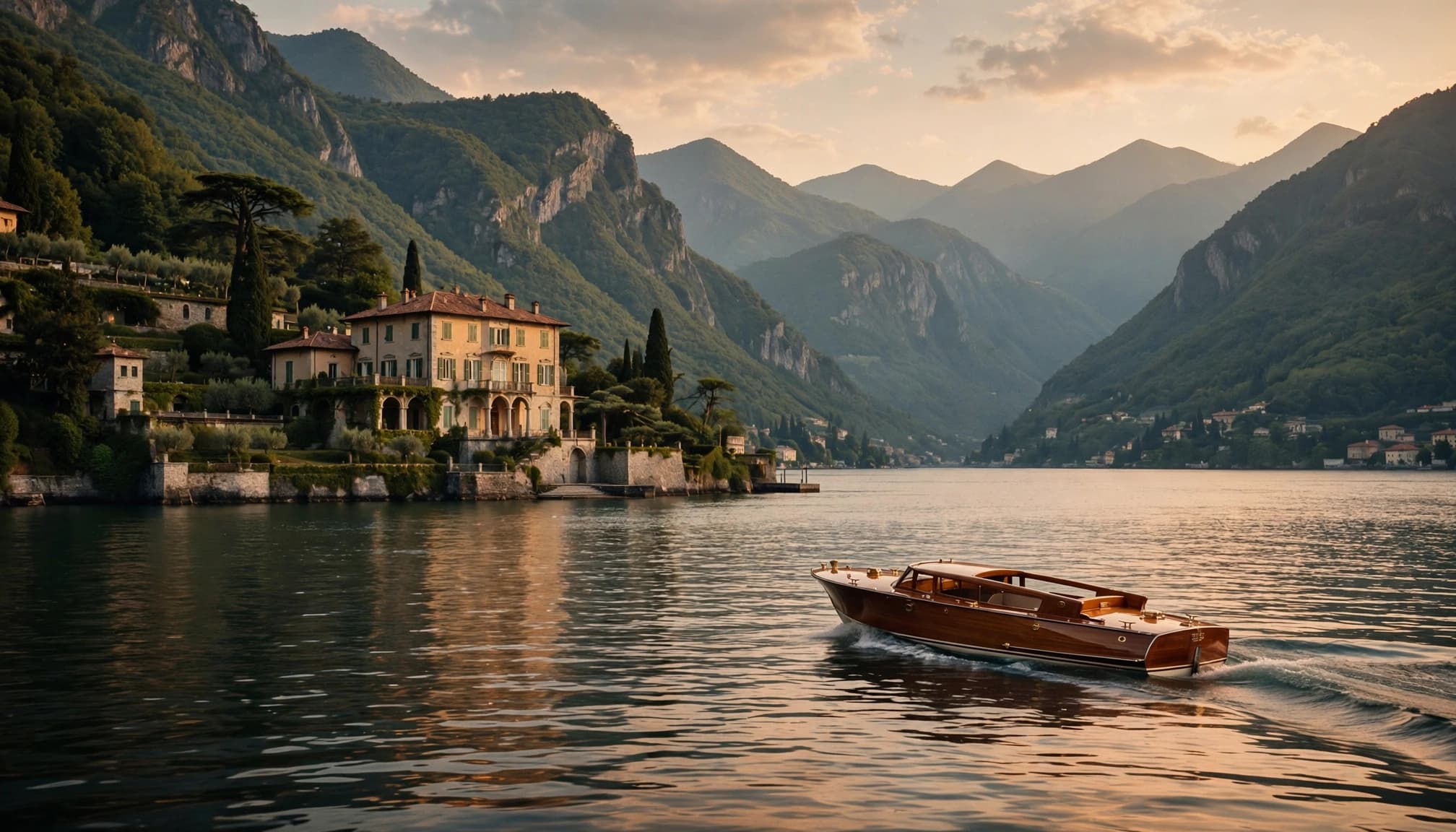 A wooden launch heads across Lake Como toward a villa beneath green mountains.