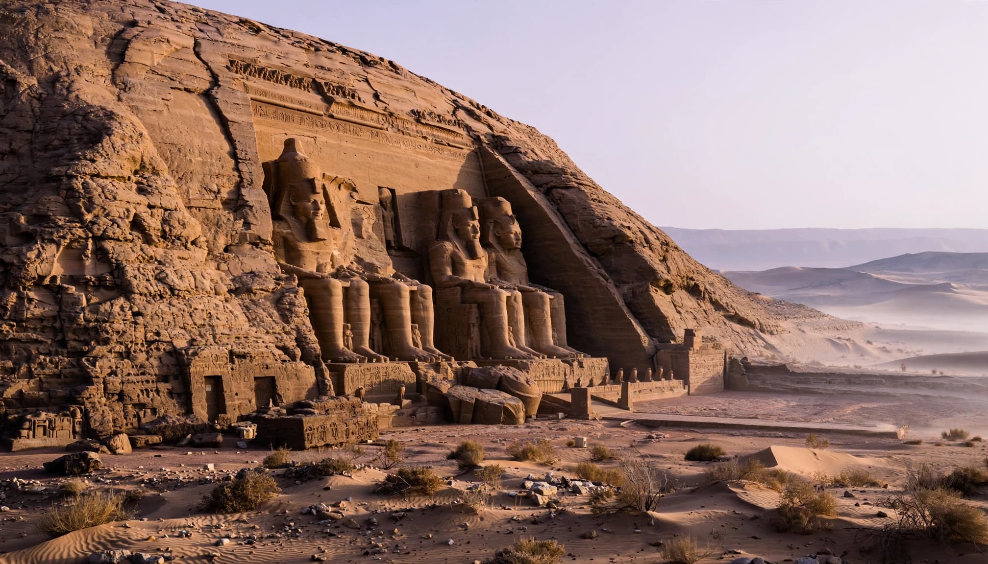 The monumental seated statues of Abu Simbel carved into a sandstone cliff in a desert landscape.