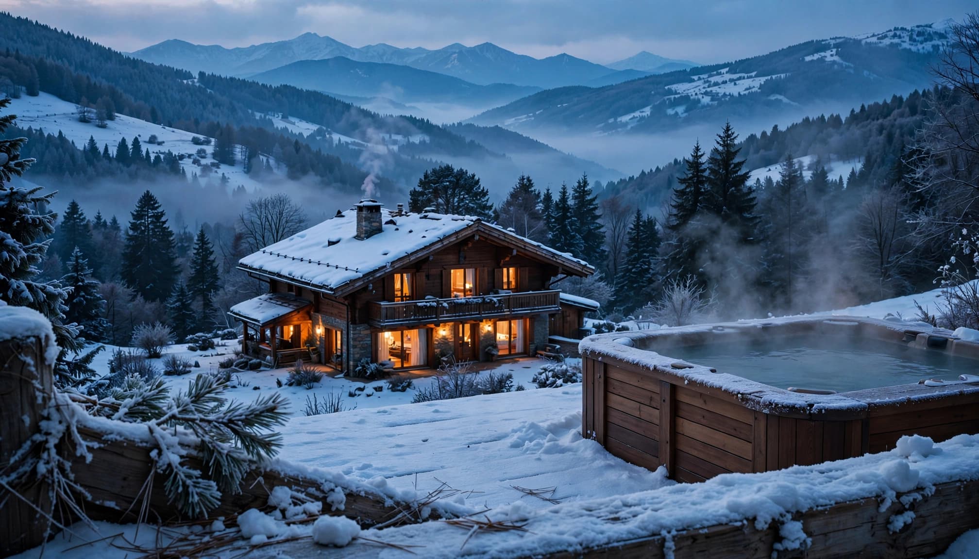 A luxury alpine chalet with warm lit windows and a smoking chimney at dusk, featuring a hot tub in the foreground.