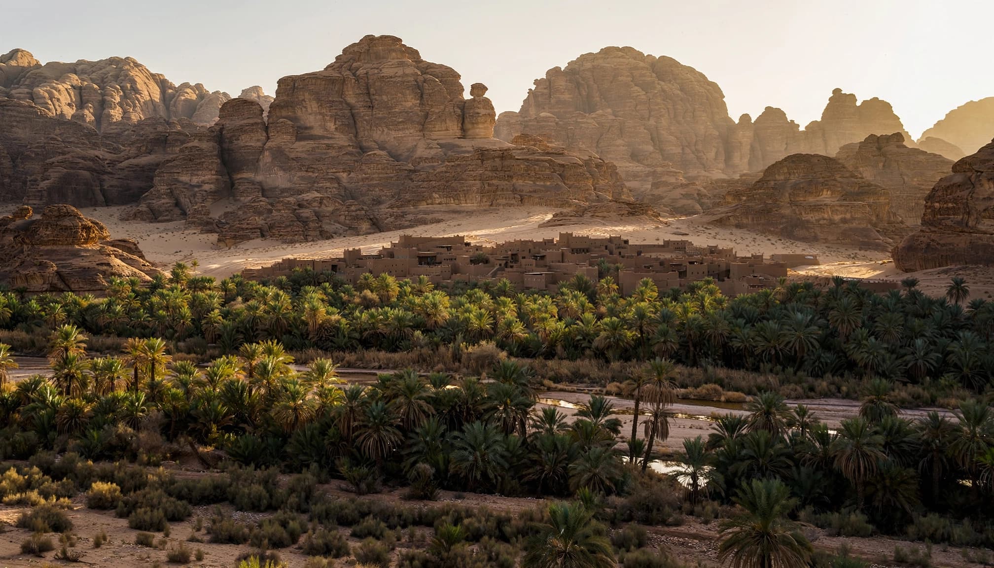 A wide landscape of AlUla, Saudi Arabia, showing sandstone cliffs, a mudbrick village, and a lush green palm oasis.