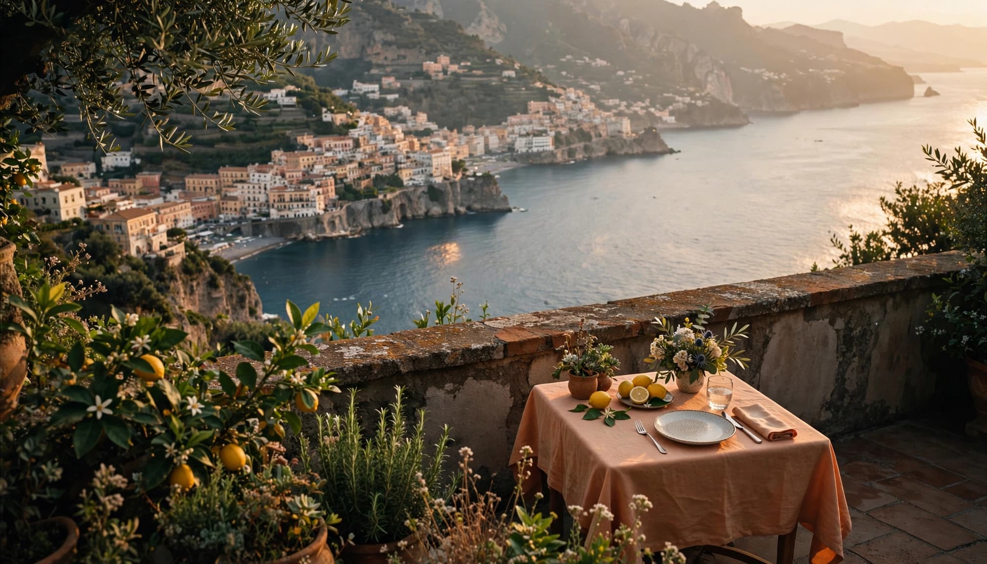 A table set for one on an Amalfi Coast terrace overlooking the Mediterranean sea at sunset.