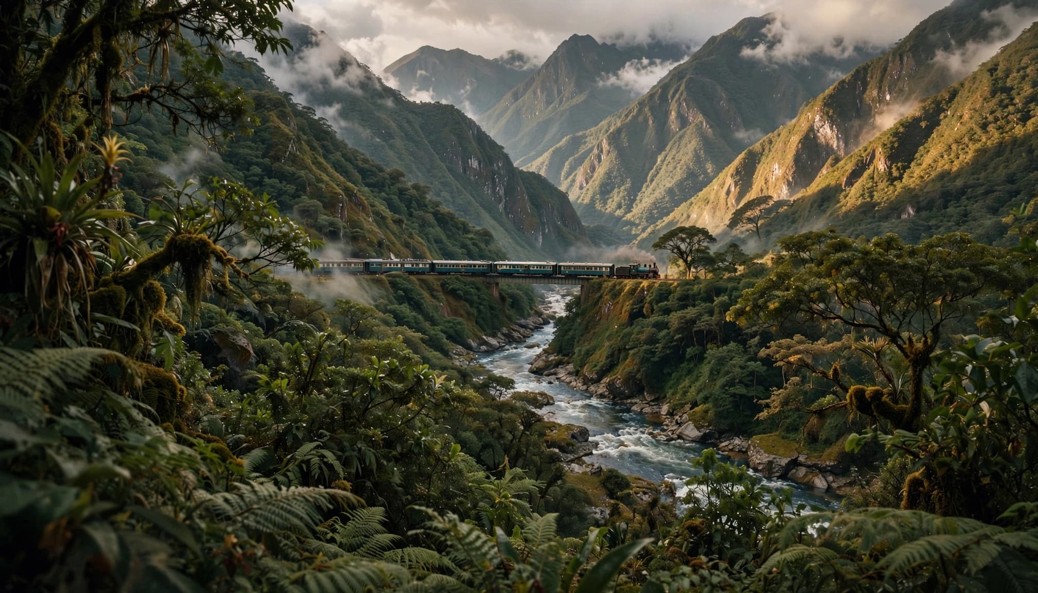 A train crosses a bridge over a river in a lush mountain valley with steep peaks.
