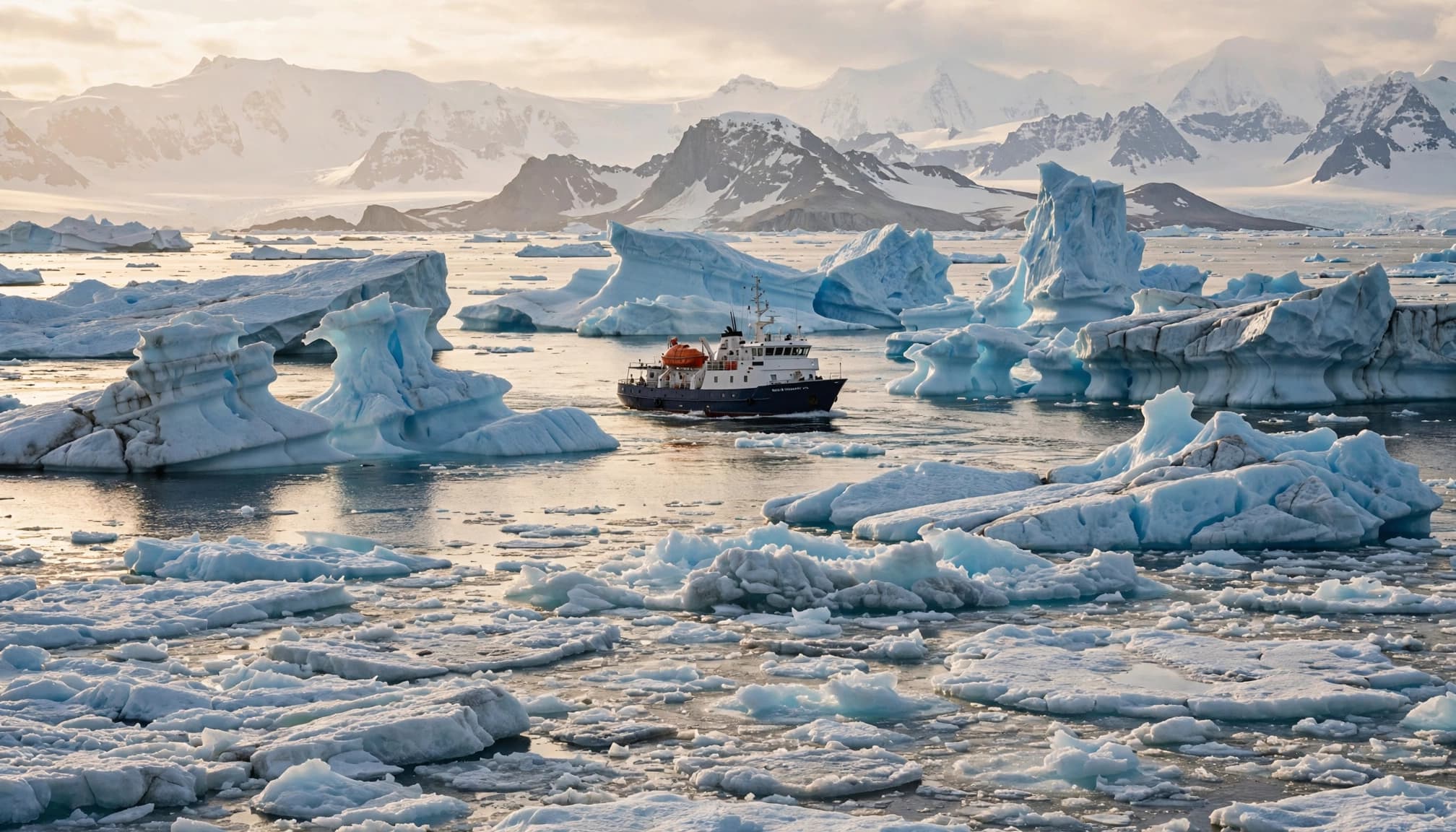 A small expedition ship navigates through icy waters surrounded by large icebergs and snowy mountains.