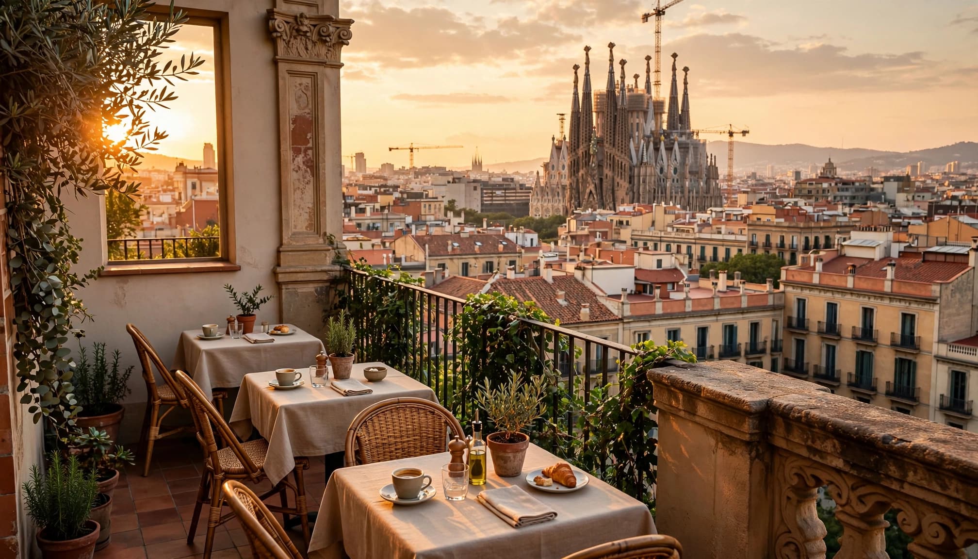 A quiet rooftop cafe overlooks Barcelona rooftops and the Sagrada Familia at sunset.