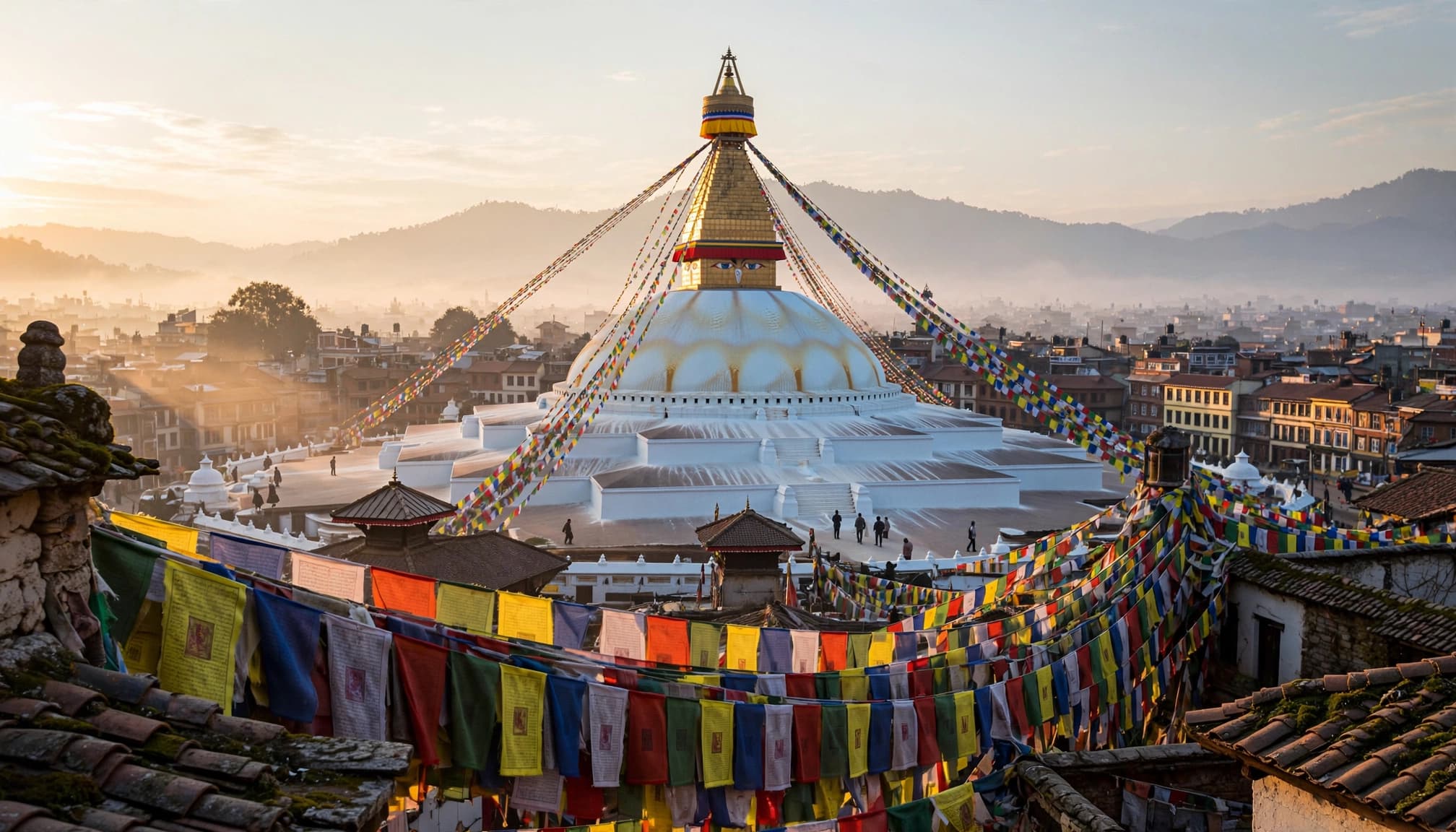 A sunrise view of the Boudhanath Stupa in Kathmandu, framed by prayer flags.