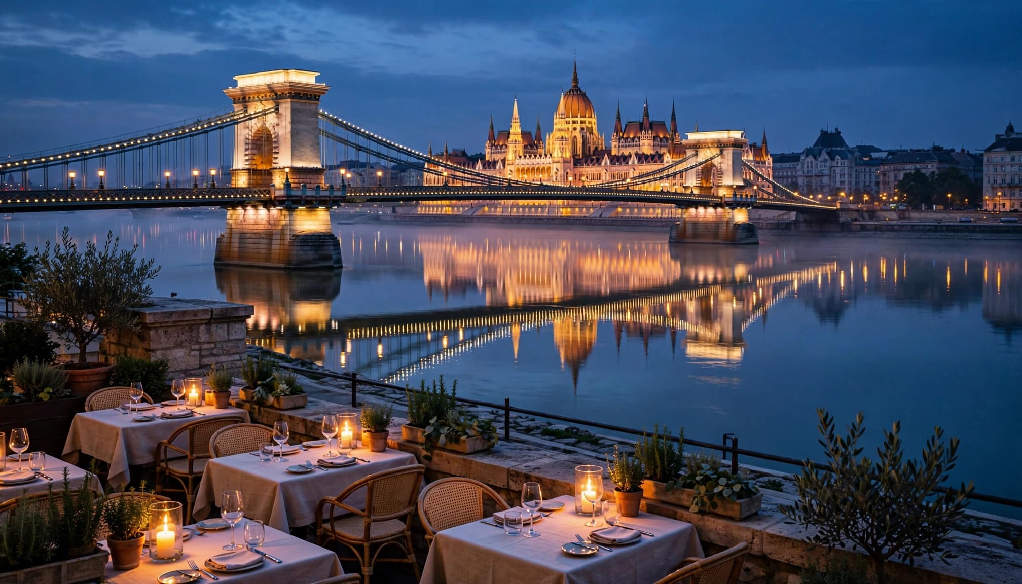 Candlelit riverside tables overlook the Danube, Chain Bridge, and Hungarian Parliament at dusk.