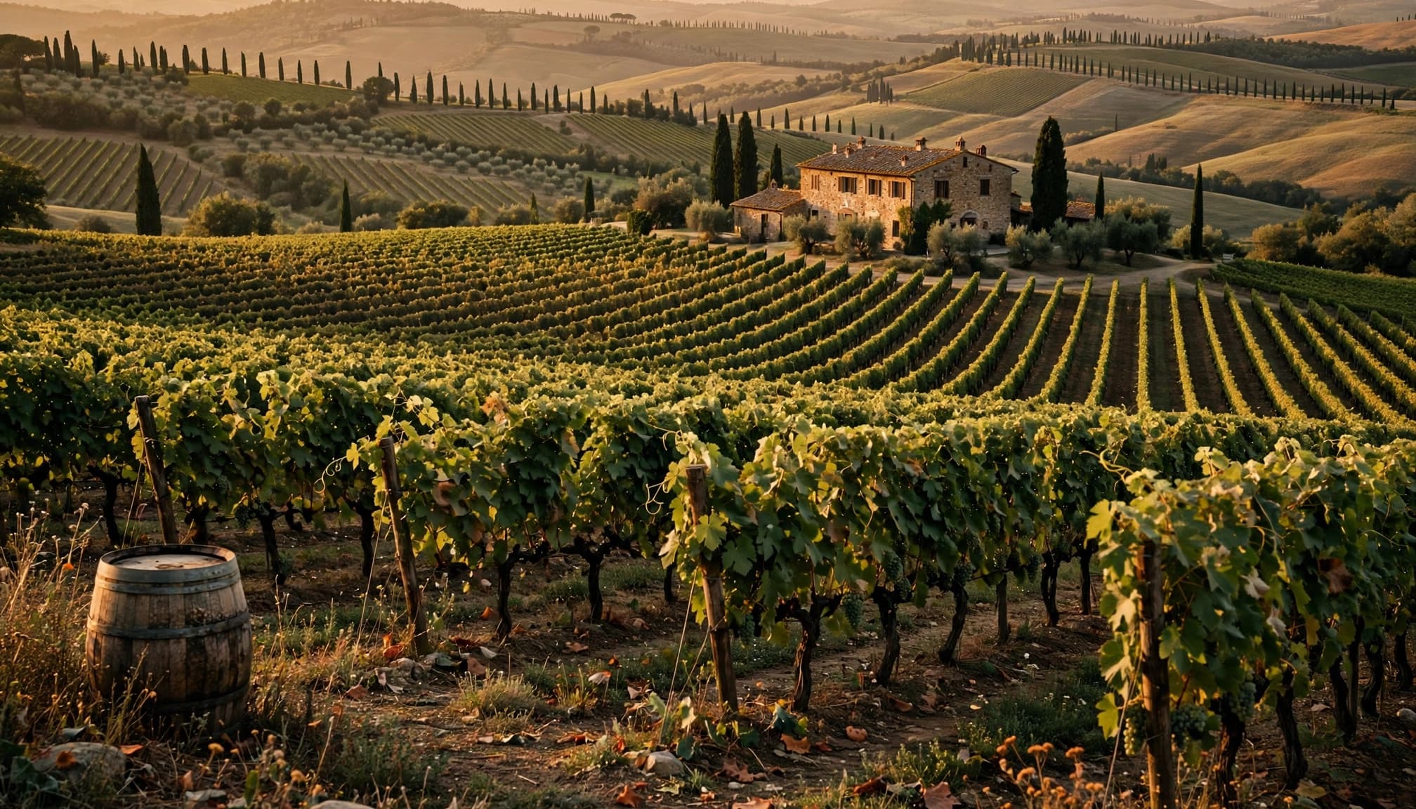 A historic stone farmhouse nestled among rolling Tuscan vineyard hills at late afternoon.