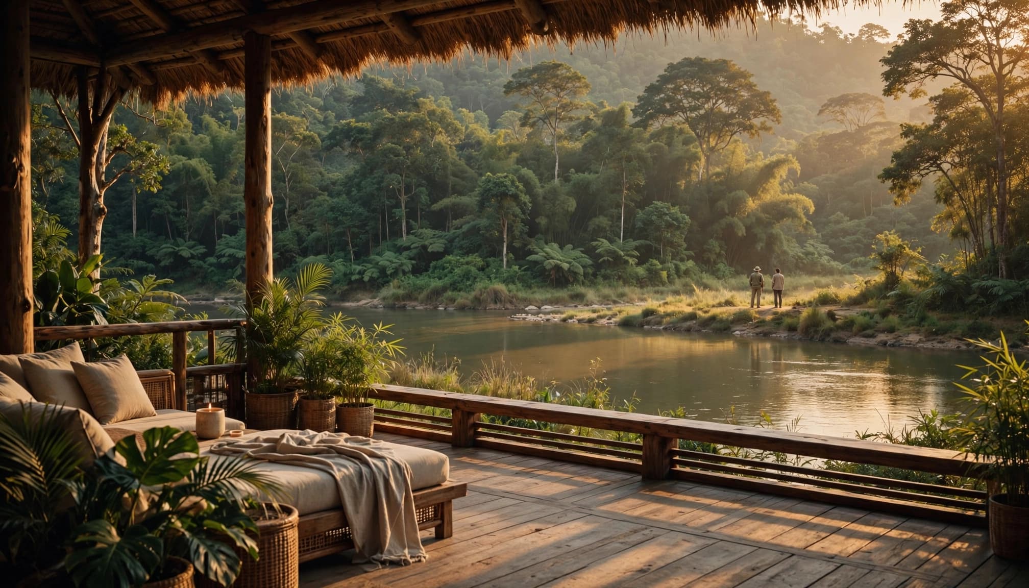 A luxury lodge terrace overlooking a quiet river and lush subtropical forest at golden hour.