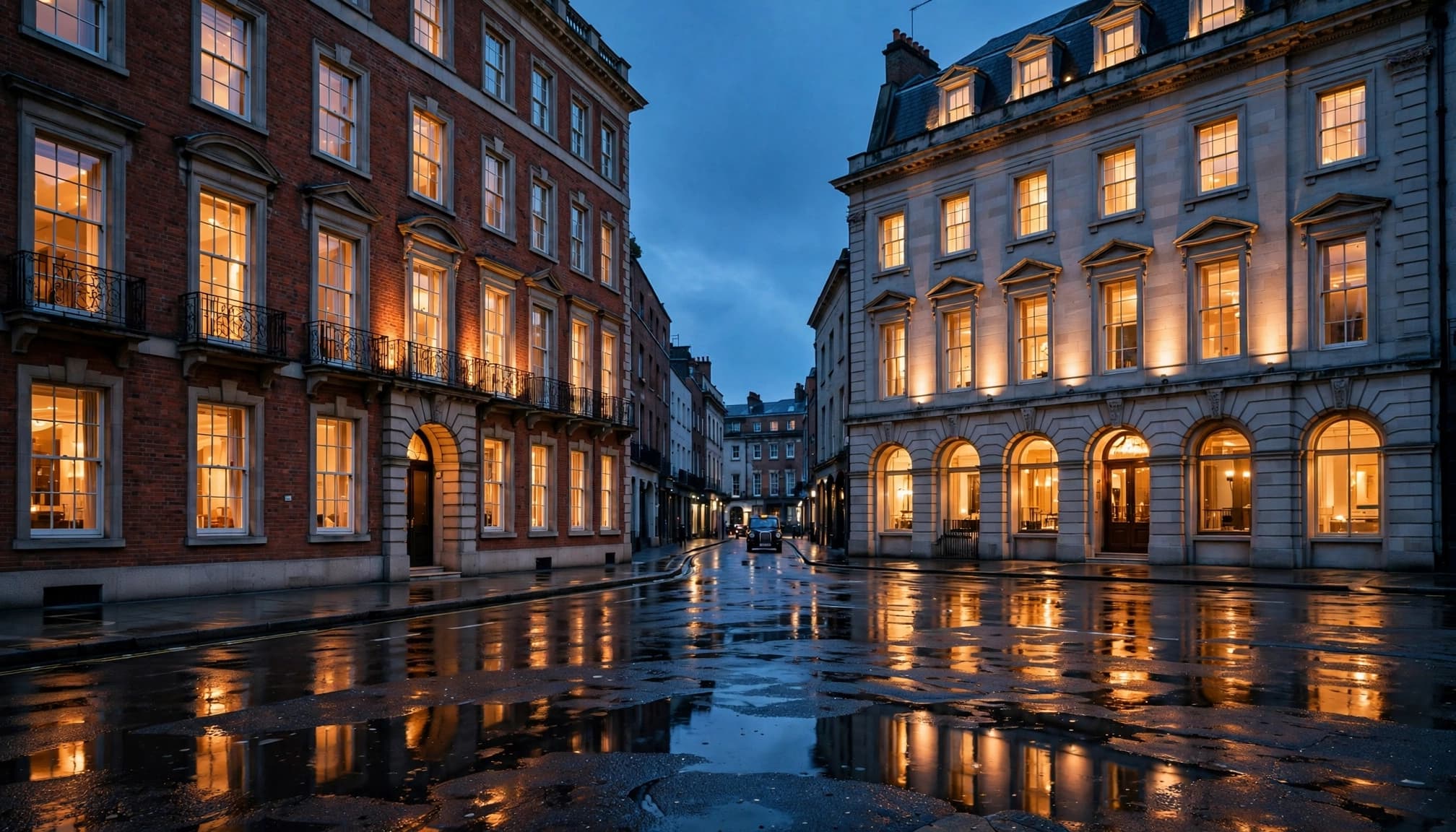 A wet street in Dublin at blue hour with lit hotel facades reflecting in puddles.