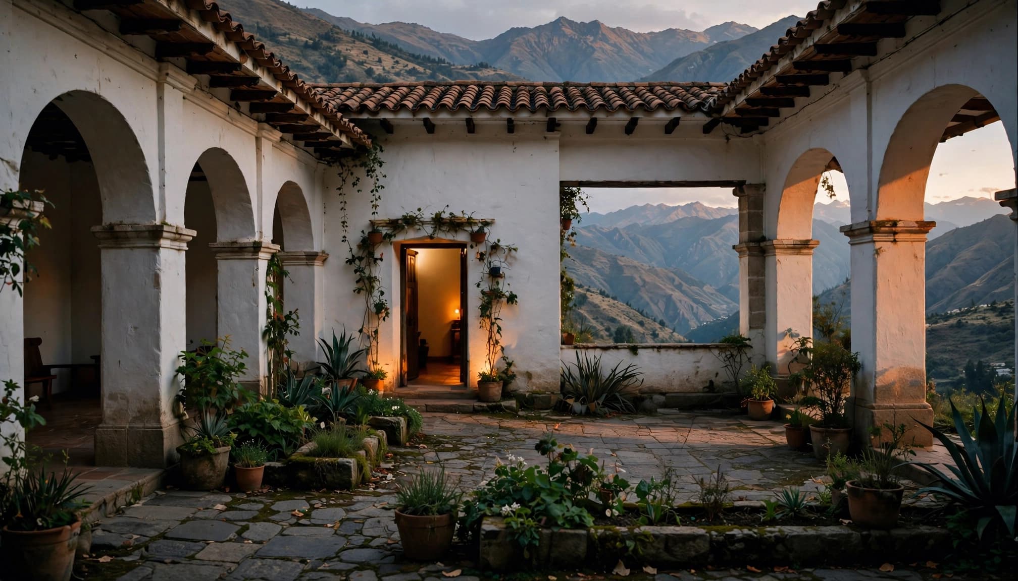 A historic colonial courtyard with whitewashed arches, potted plants, and mountains in the background.