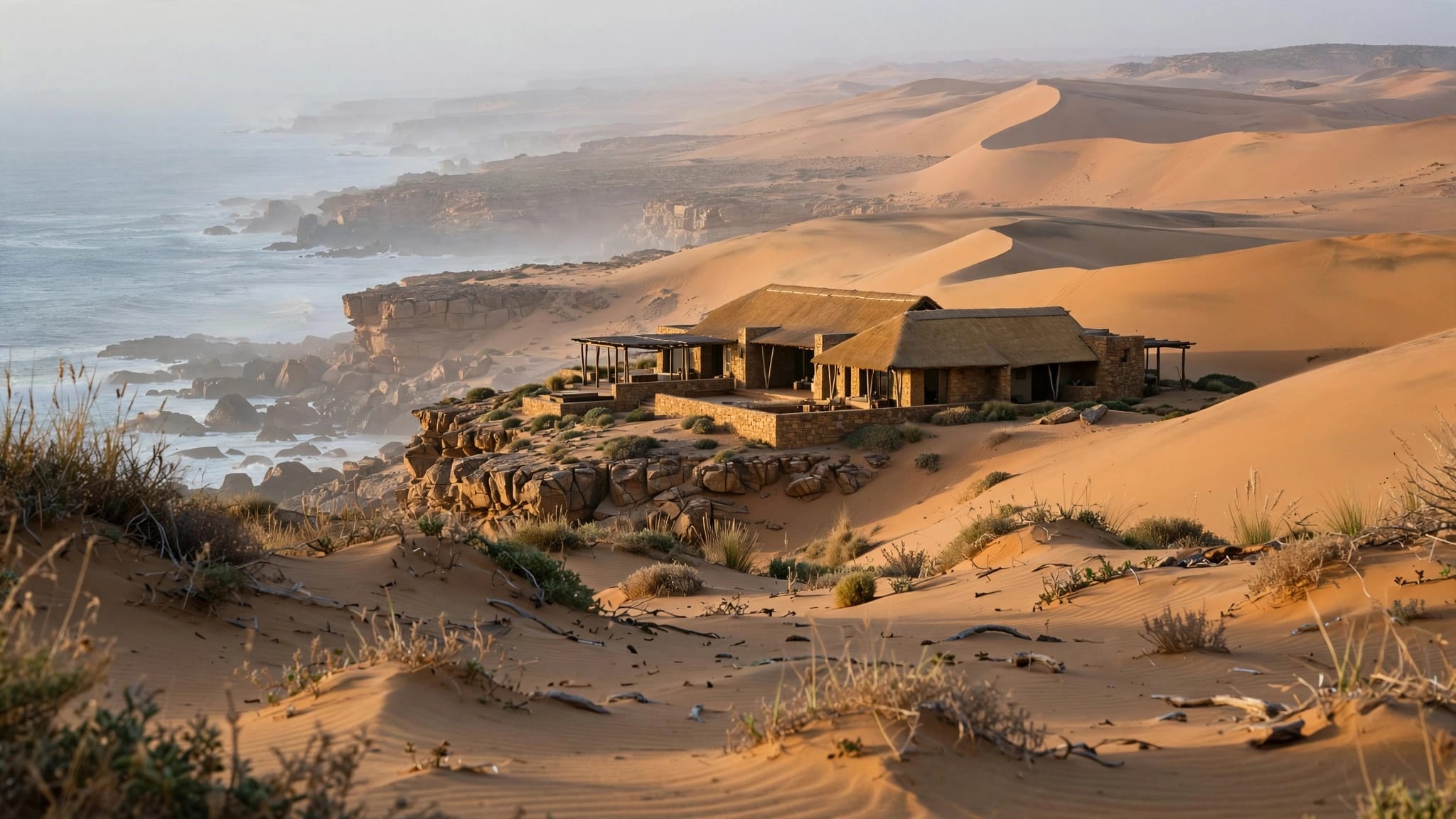 A stone-and-thatch lodge overlooks the Atlantic from behind ochre dunes.