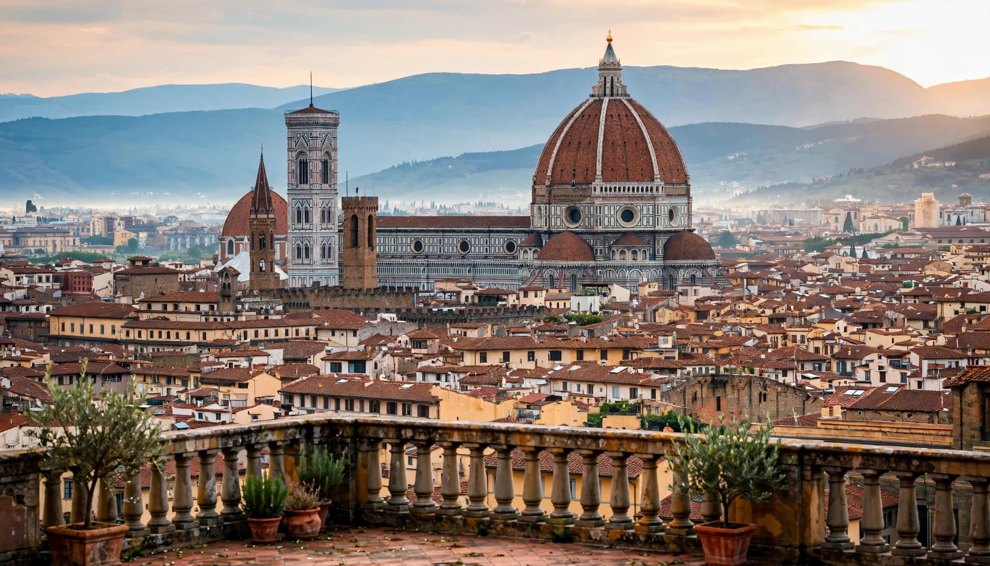 Sunrise view across the terracotta rooftops of Florence toward the Duomo from an elevated terrace.