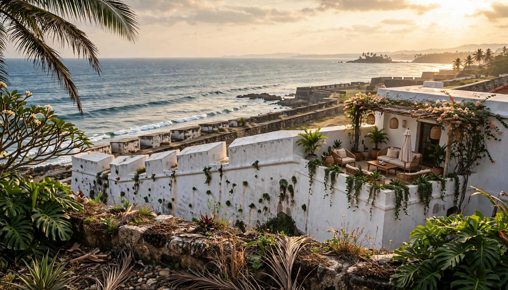 A scenic view of whitewashed coastal ramparts in Galle, Sri Lanka, overlooking the Indian Ocean at sunset.