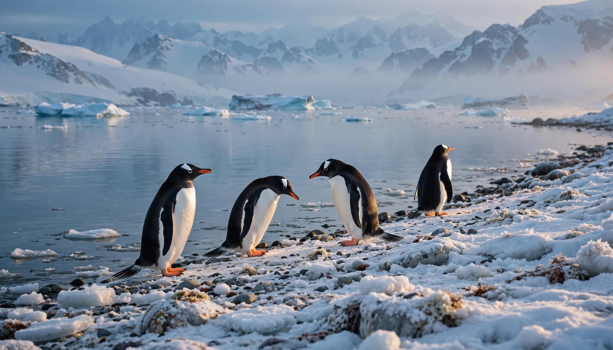 Four penguins stand on a snowy Antarctic shoreline with icy water and mountains behind.