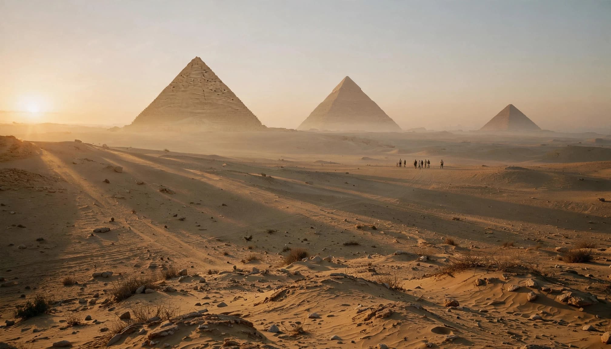 Sunrise over the Giza Plateau with three pyramids and visitors in the distance.