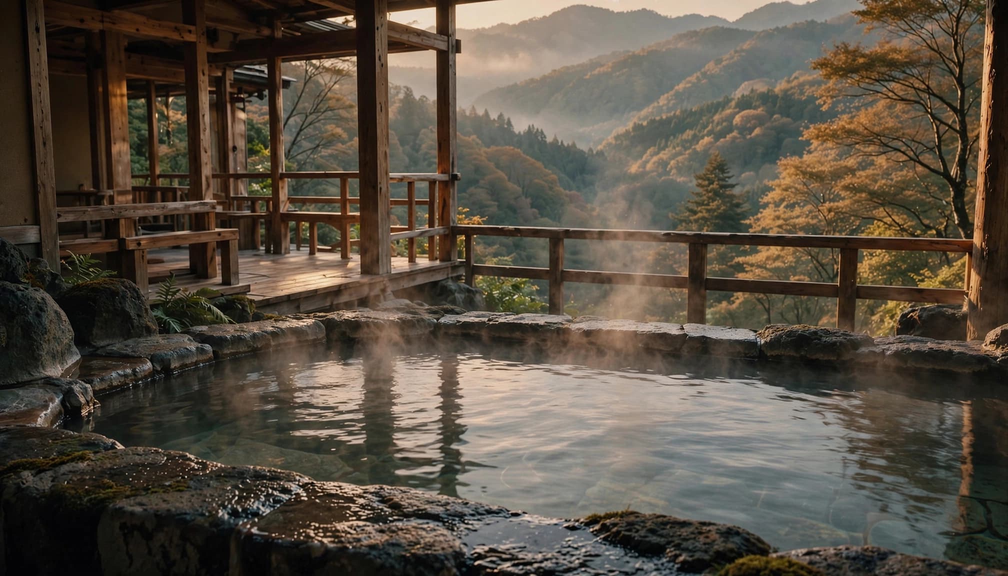A steaming stone bath overlooks forested mountains from a wooden veranda.