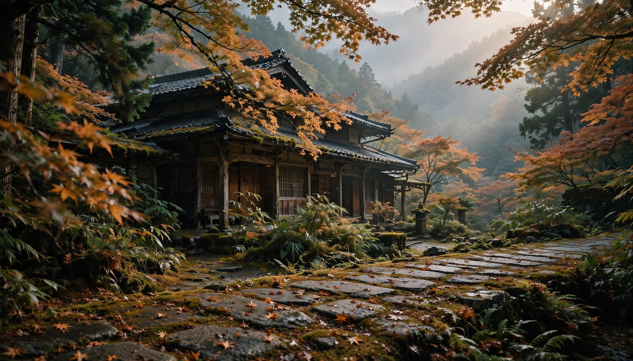 A timber ryokan sits among trees beside a stone path, with misty mountains behind it.