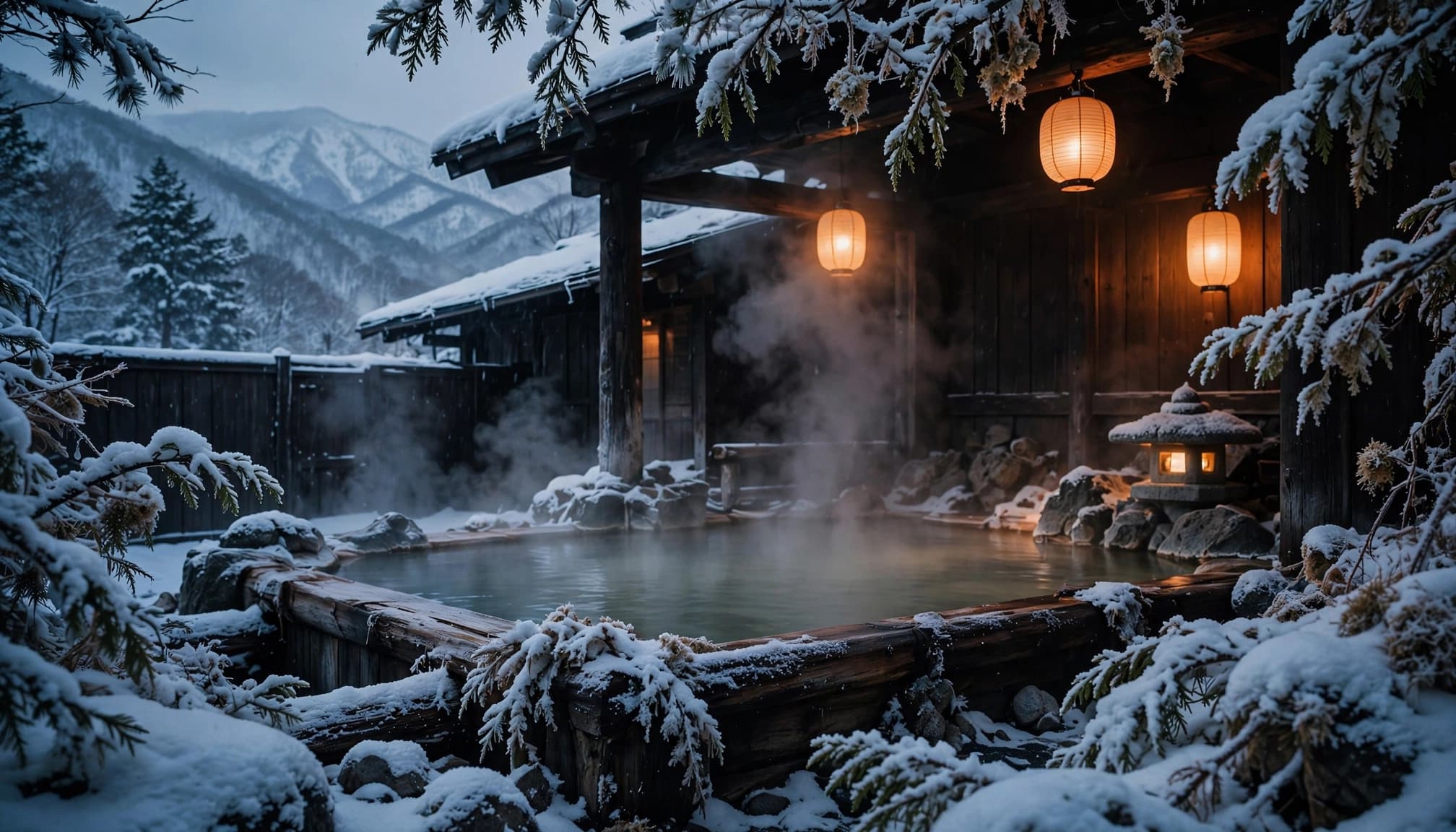 A steaming outdoor hot spring bath surrounded by snow and lit by glowing lanterns at dusk.