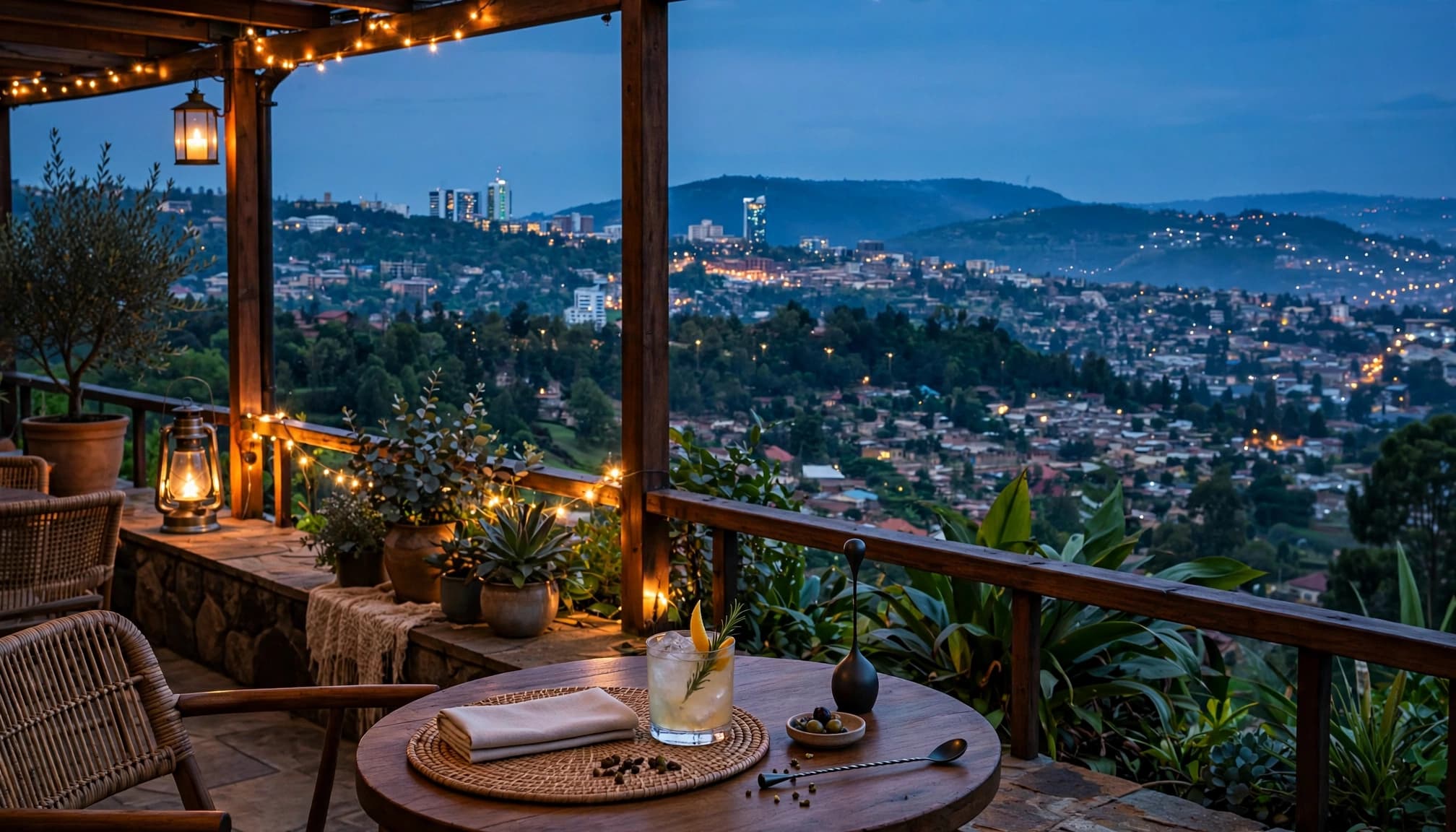 A scenic hillside terrace overlooking a city at dusk, with a drink on a small wooden table in the foreground.