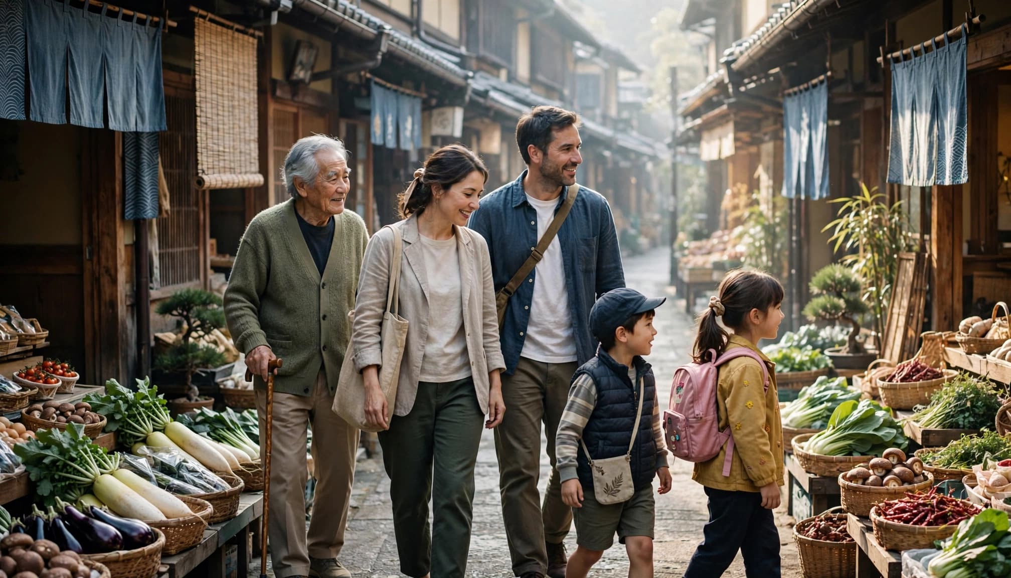 A family of five strolls past produce stalls in a Kyoto lane.