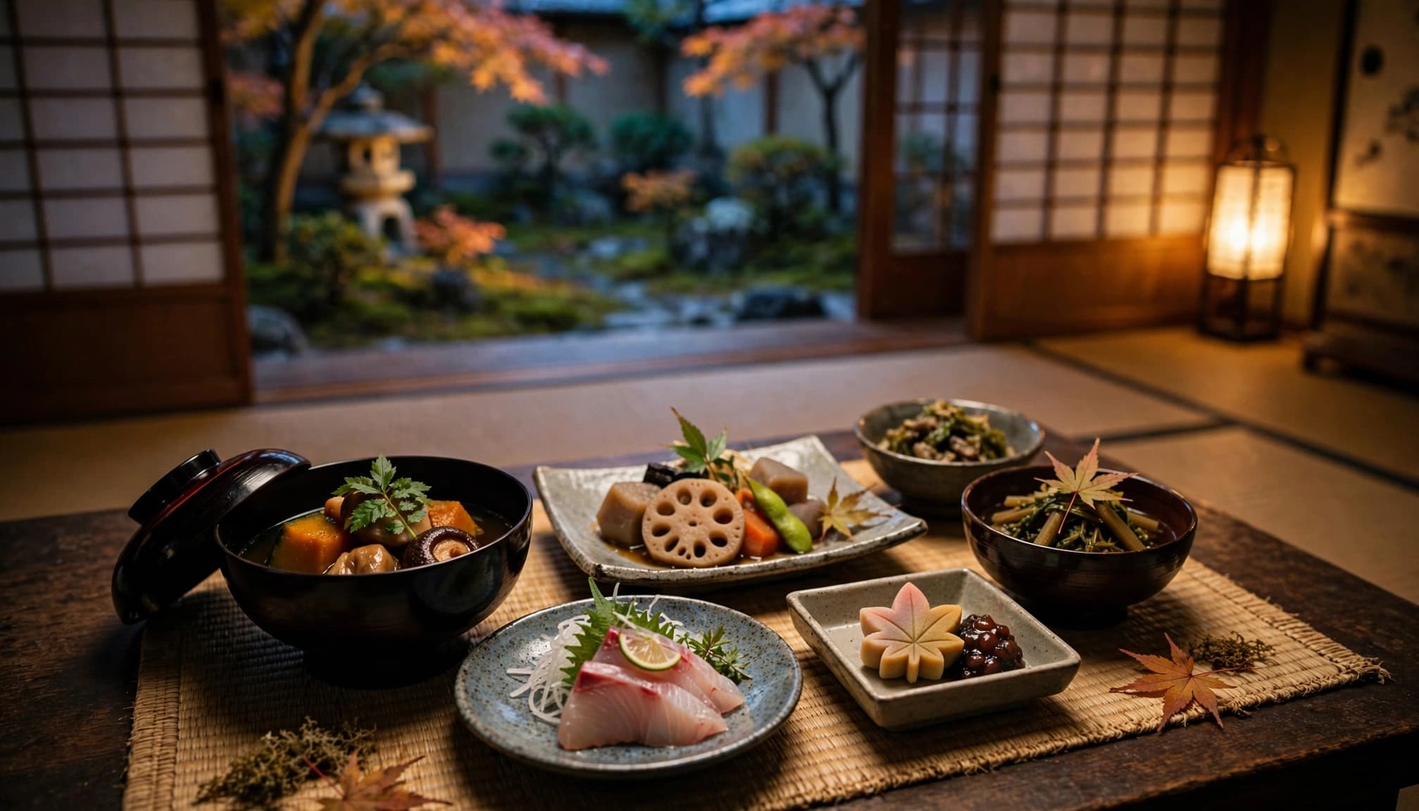 Seasonal Japanese dishes arranged on a table beside shoji screens and a garden.