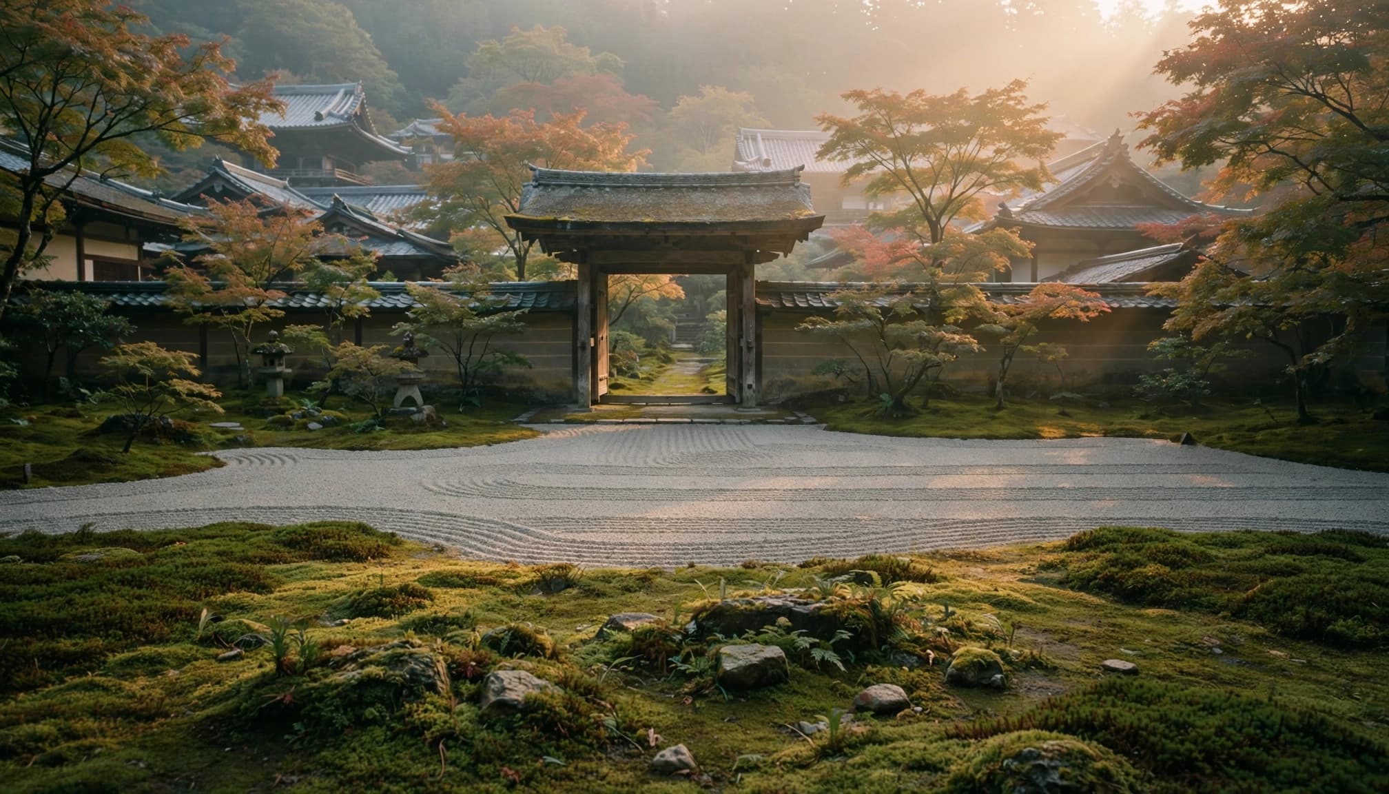 A wooden gate opens onto a moss path beside raked gravel and a stone lantern.