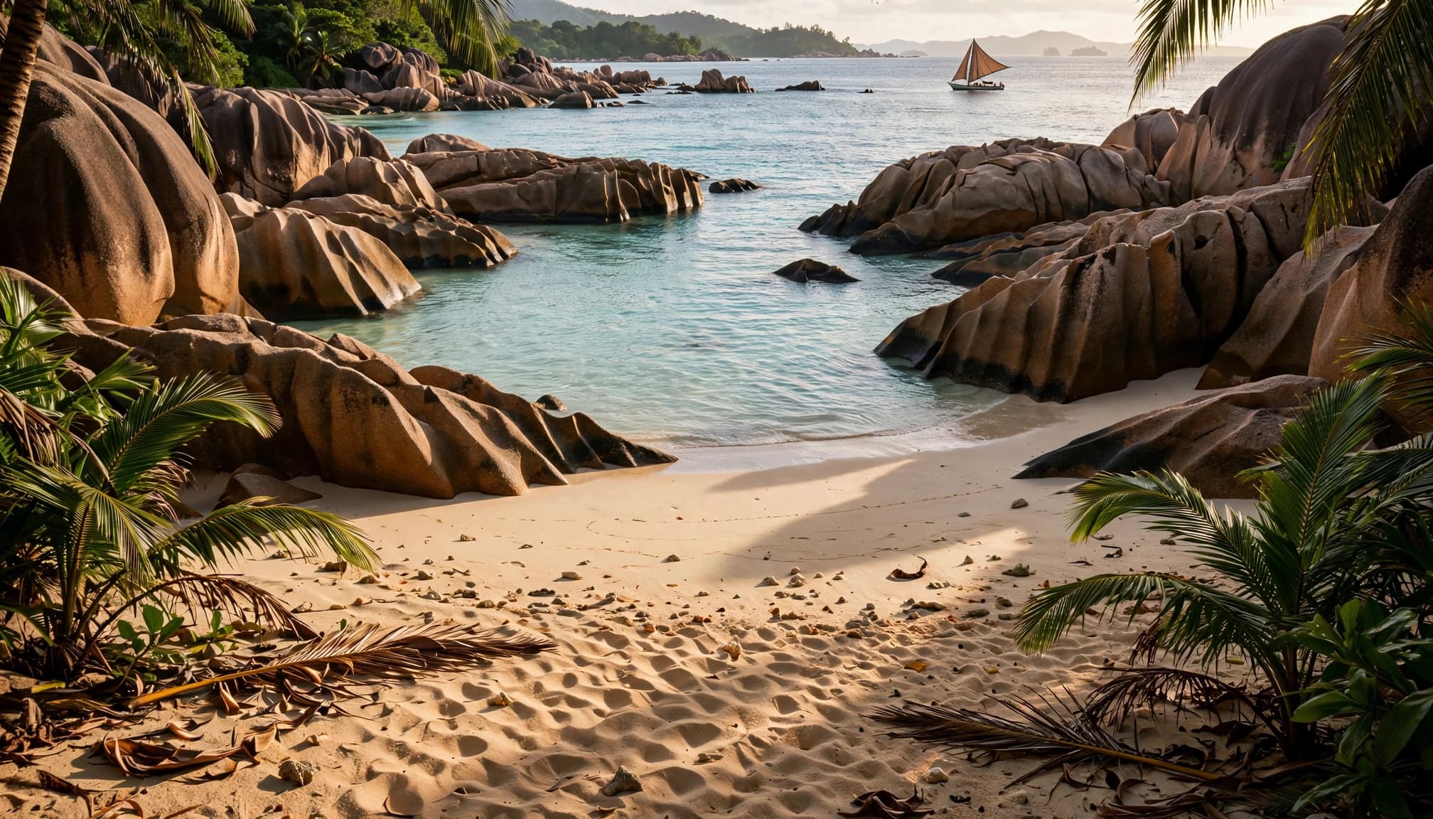 Palms and granite boulders frame a quiet beach, with a small sailboat offshore.