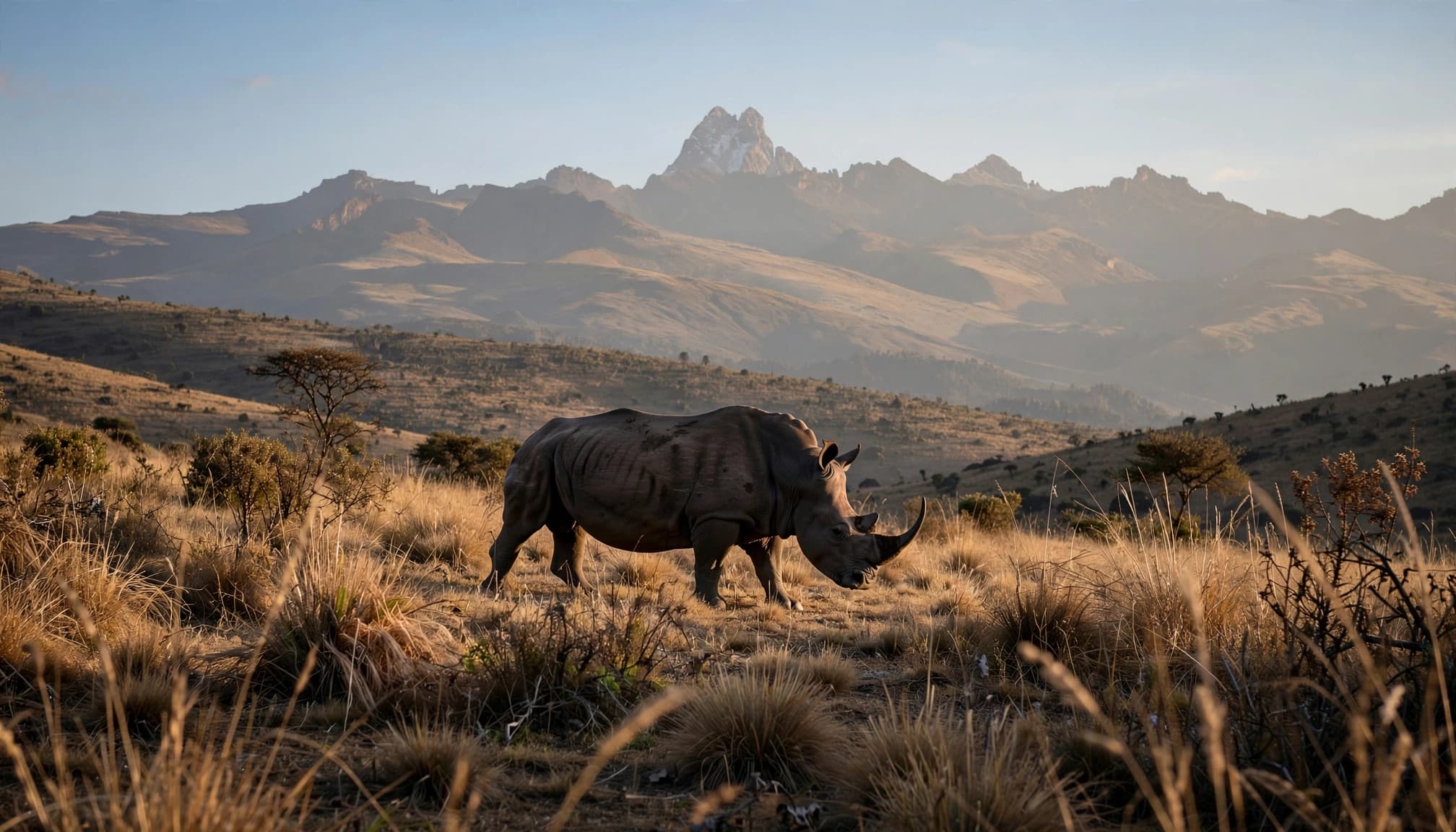 A black rhino walks through dry highland grass with Mount Kenya in the background.