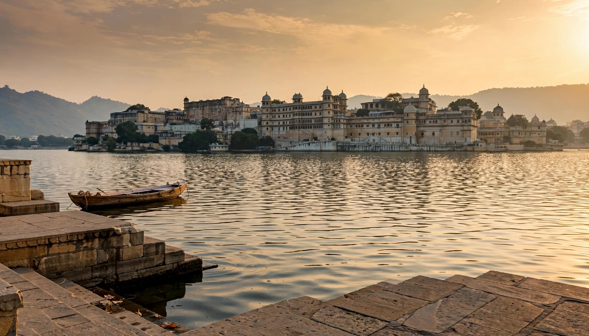 A scenic view of Lake Pichola at golden hour with the City Palace in the background.