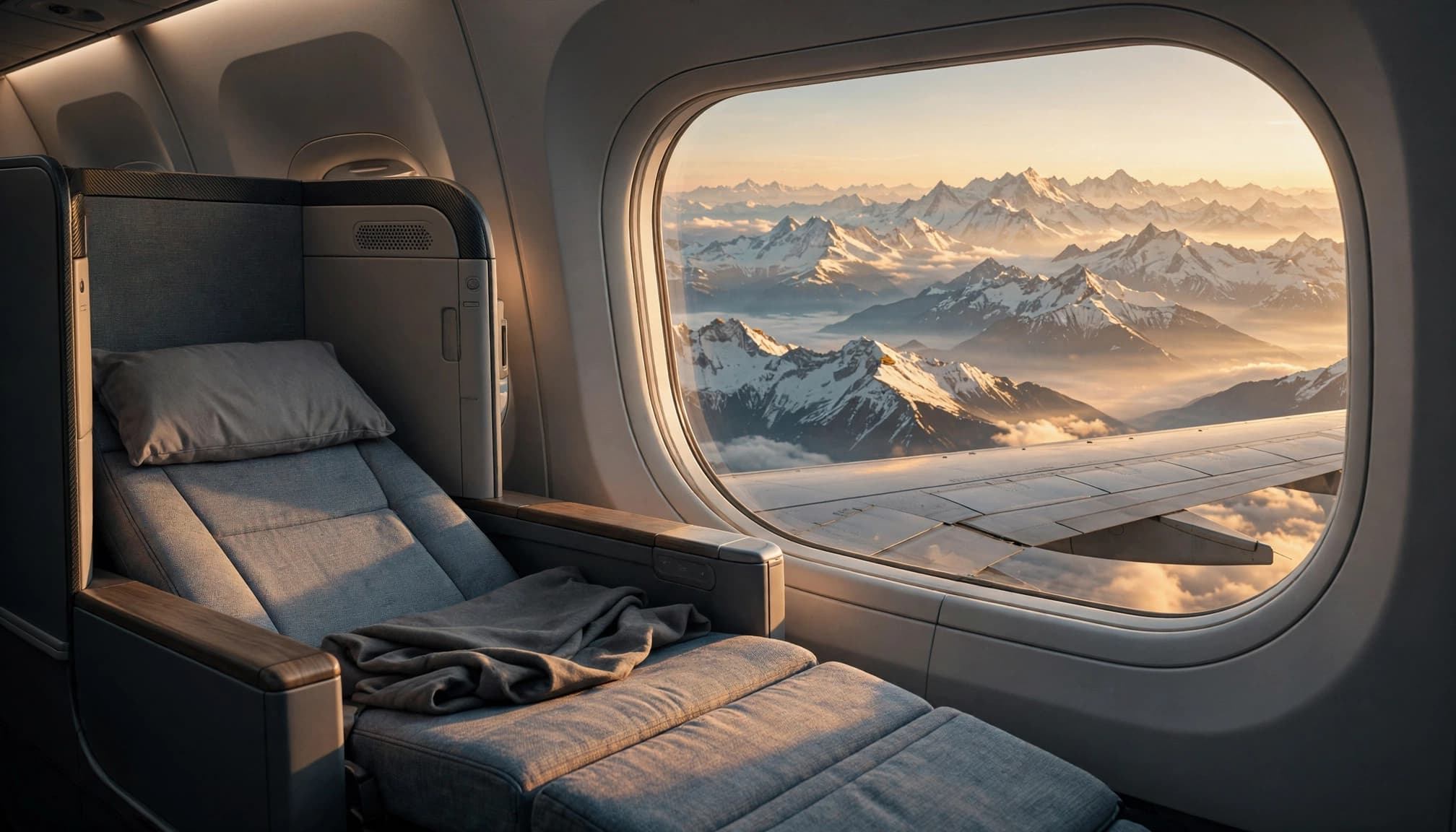 A lie-flat airplane seat next to a large window showing snowy mountains at sunrise.