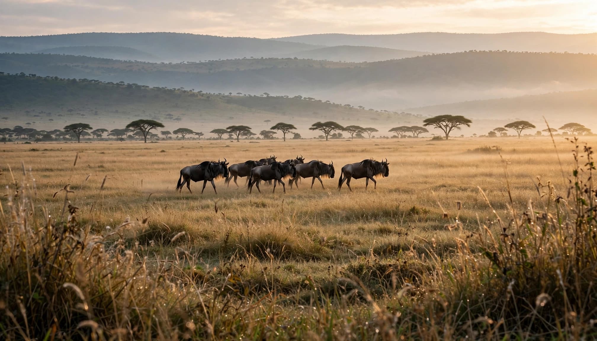 A small herd of wildebeest walking across a golden grassland at sunrise with distant hills.
