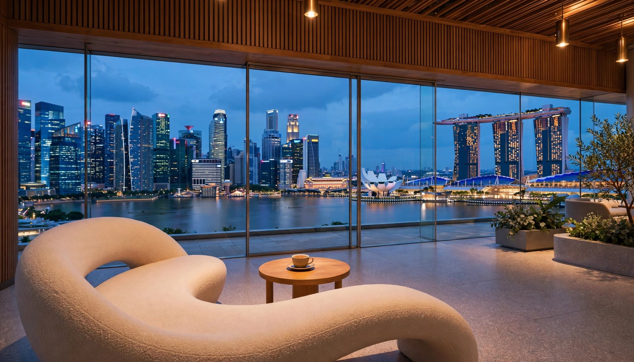 Illustrative premium lounge setting with sculptural seating and city views.