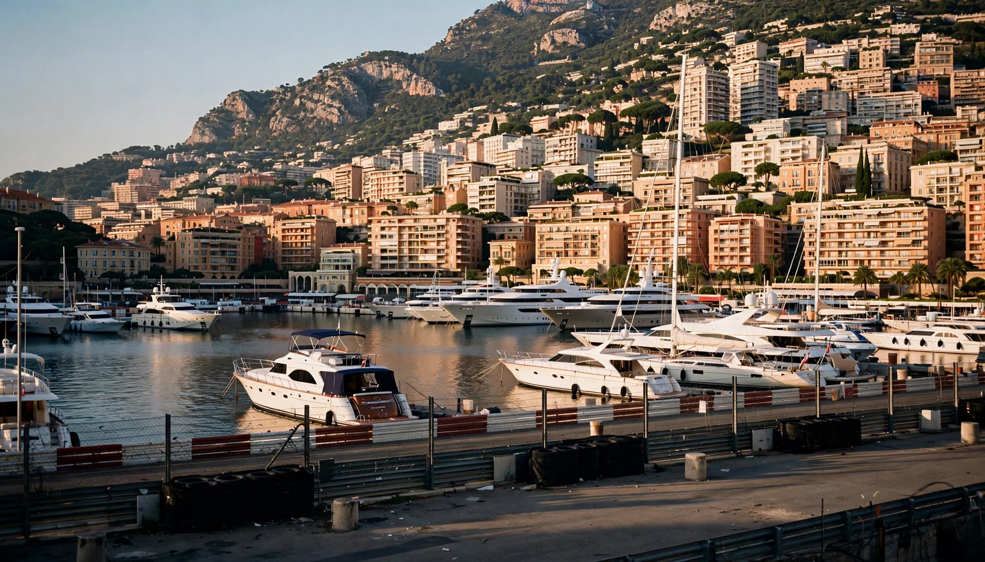 Yachts in Port Hercule with Monte Carlo buildings and race barriers nearby.